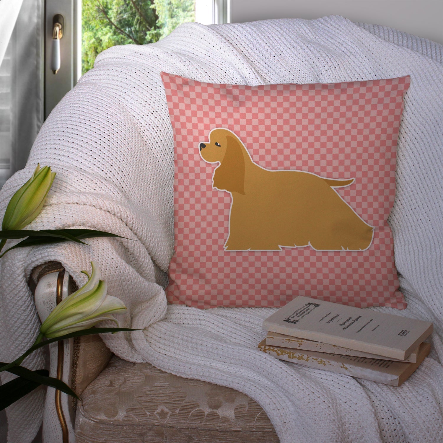 Cocker Spaniel Checkerboard Pink Decorative Throw Pillow 14x14 Indoor Outdoor Accent Cushion, Fabric Cover with Insert for Sofa, Bed, Porch & Living Room