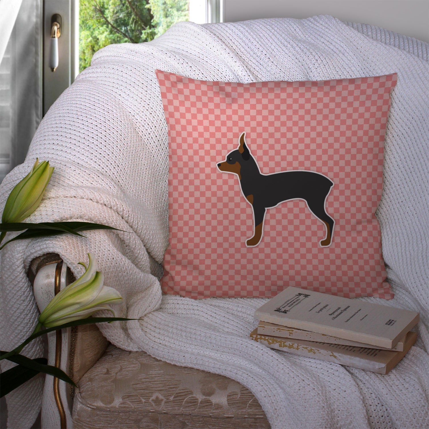 Toy Fox Terrier Checkerboard Pink Decorative Throw Pillow 14x14 Indoor Outdoor Accent Cushion, Fabric Cover with Insert for Sofa, Bed, Porch & Living Room