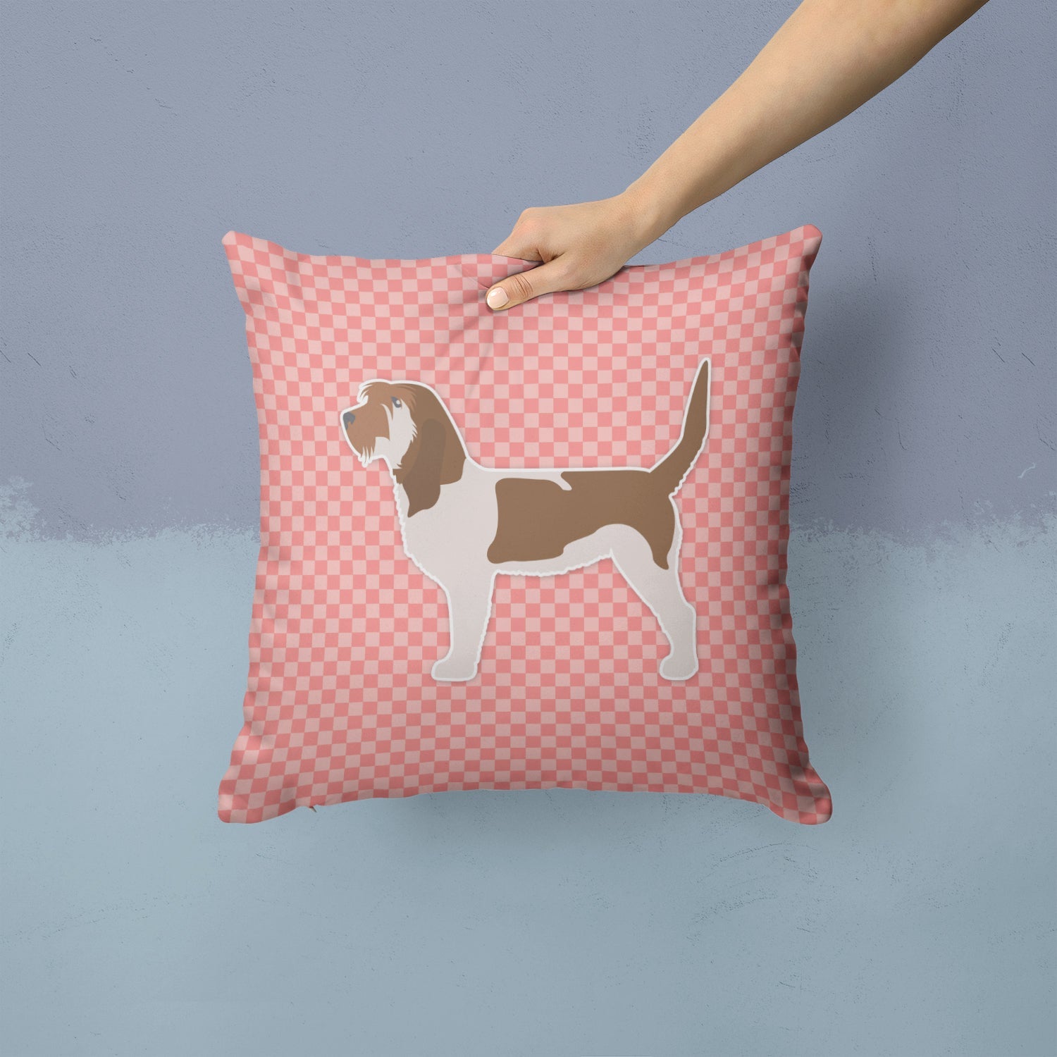 Grand Basset Griffon Vendeen Checkerboard Pink Decorative Throw Pillow 14x14 Indoor Outdoor Accent Cushion, Fabric Cover with Insert for Sofa, Bed, Porch & Living Room