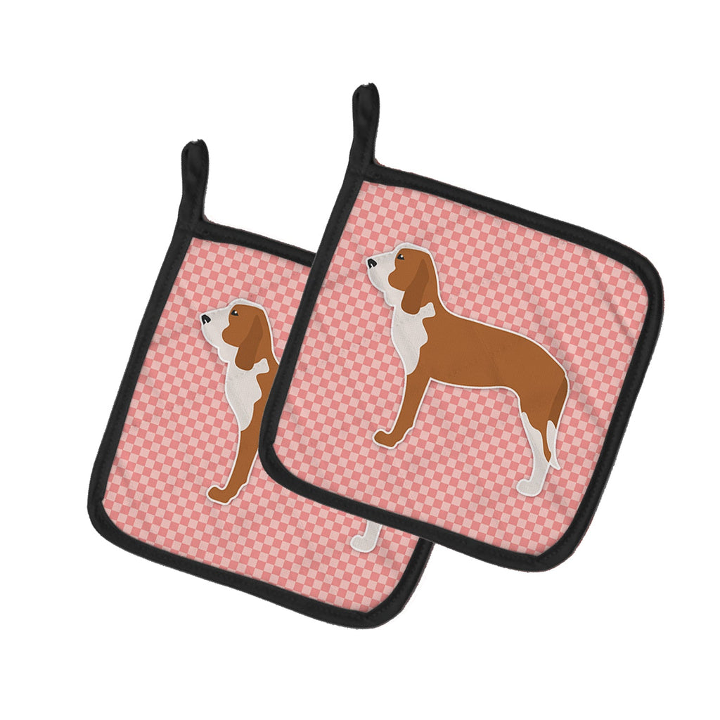 Spanish Hound Checkerboard Pink Pot Holder Set of 2 Heat Resistant Quilted Hot Pads 7.5 x 7.5 Inch, Insulated Kitchen Trivets for Cooking & Baking
