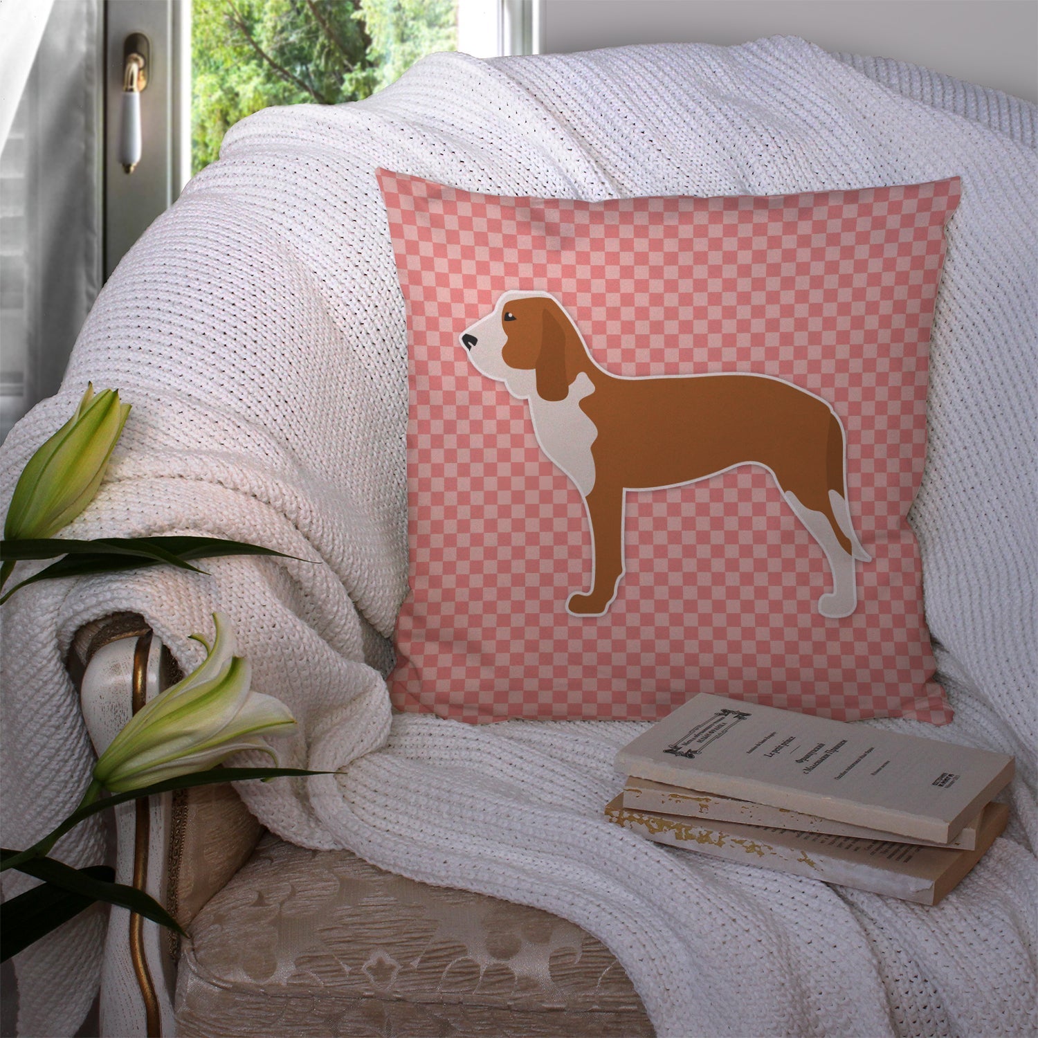 Spanish Hound Checkerboard Pink Decorative Throw Pillow 14x14 Indoor Outdoor Accent Cushion, Fabric Cover with Insert for Sofa, Bed, Porch & Living Room