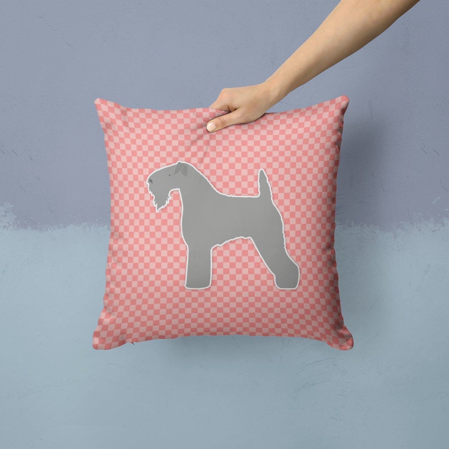 Kerry Blue Terrier Checkerboard Pink Decorative Throw Pillow 14x14 Indoor Outdoor Accent Cushion, Fabric Cover with Insert for Sofa, Bed, Porch & Living Room
