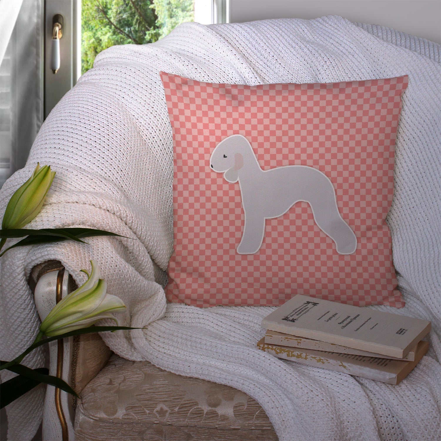 Bedlington Terrier Checkerboard Pink Decorative Throw Pillow 14x14 Indoor Outdoor Accent Cushion, Fabric Cover with Insert for Sofa, Bed, Porch & Living Room