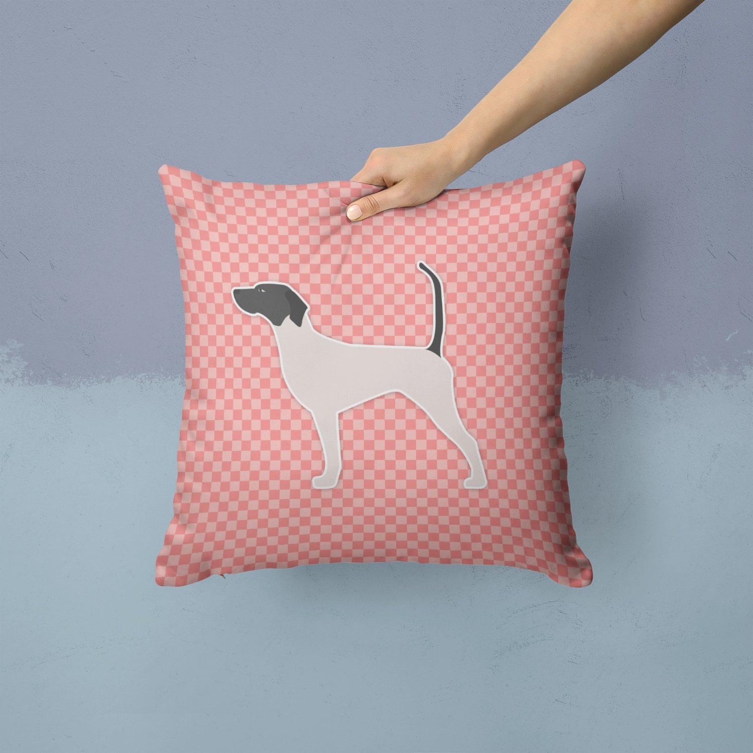 English Pointer Checkerboard Pink Decorative Throw Pillow 14x14 Indoor Outdoor Accent Cushion, Fabric Cover with Insert for Sofa, Bed, Porch & Living Room
