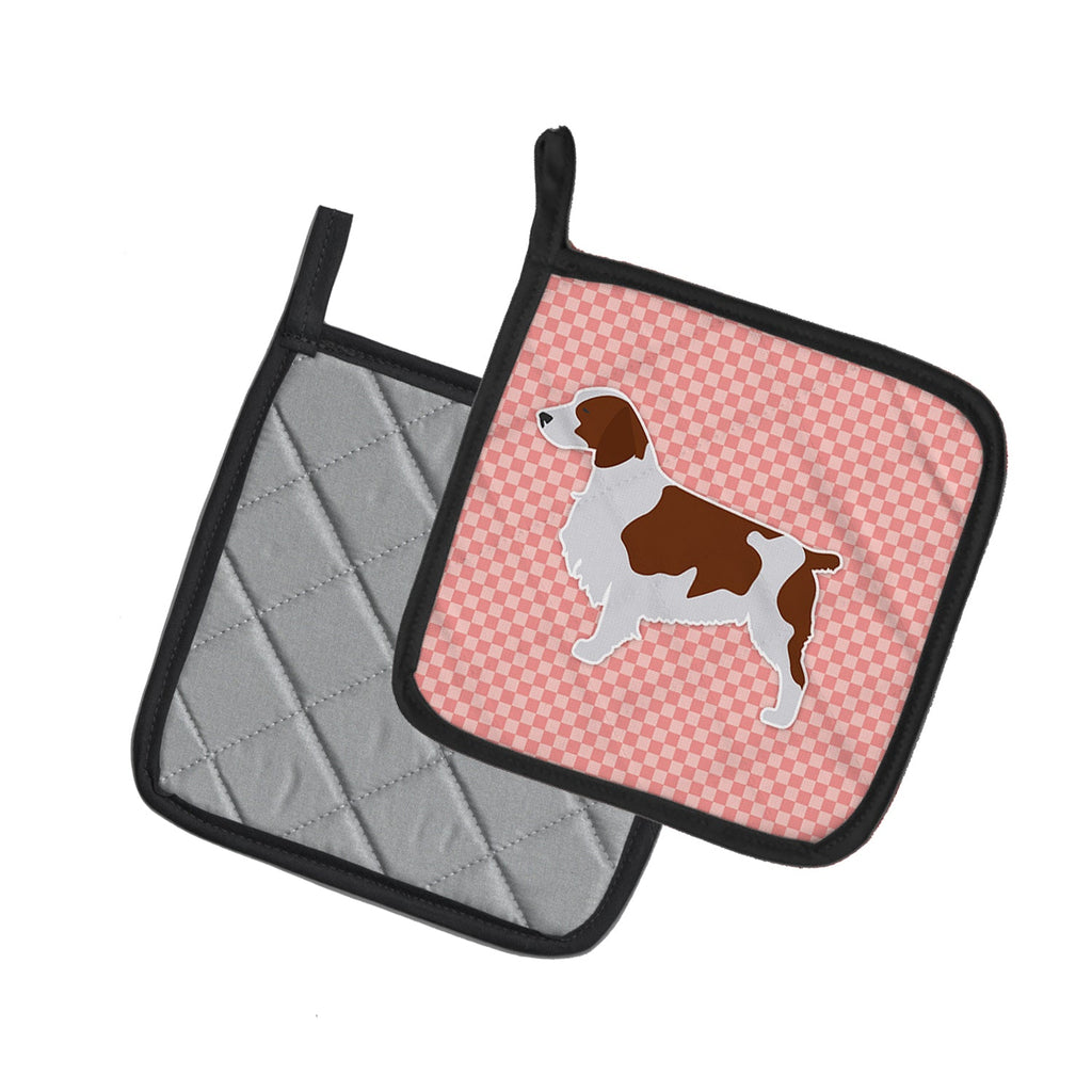 Welsh Springer Spaniel Checkerboard Pink Pot Holder Set of 2 Heat Resistant Quilted Hot Pads 7.5 x 7.5 Inch, Insulated Kitchen Trivets for Cooking & Baking