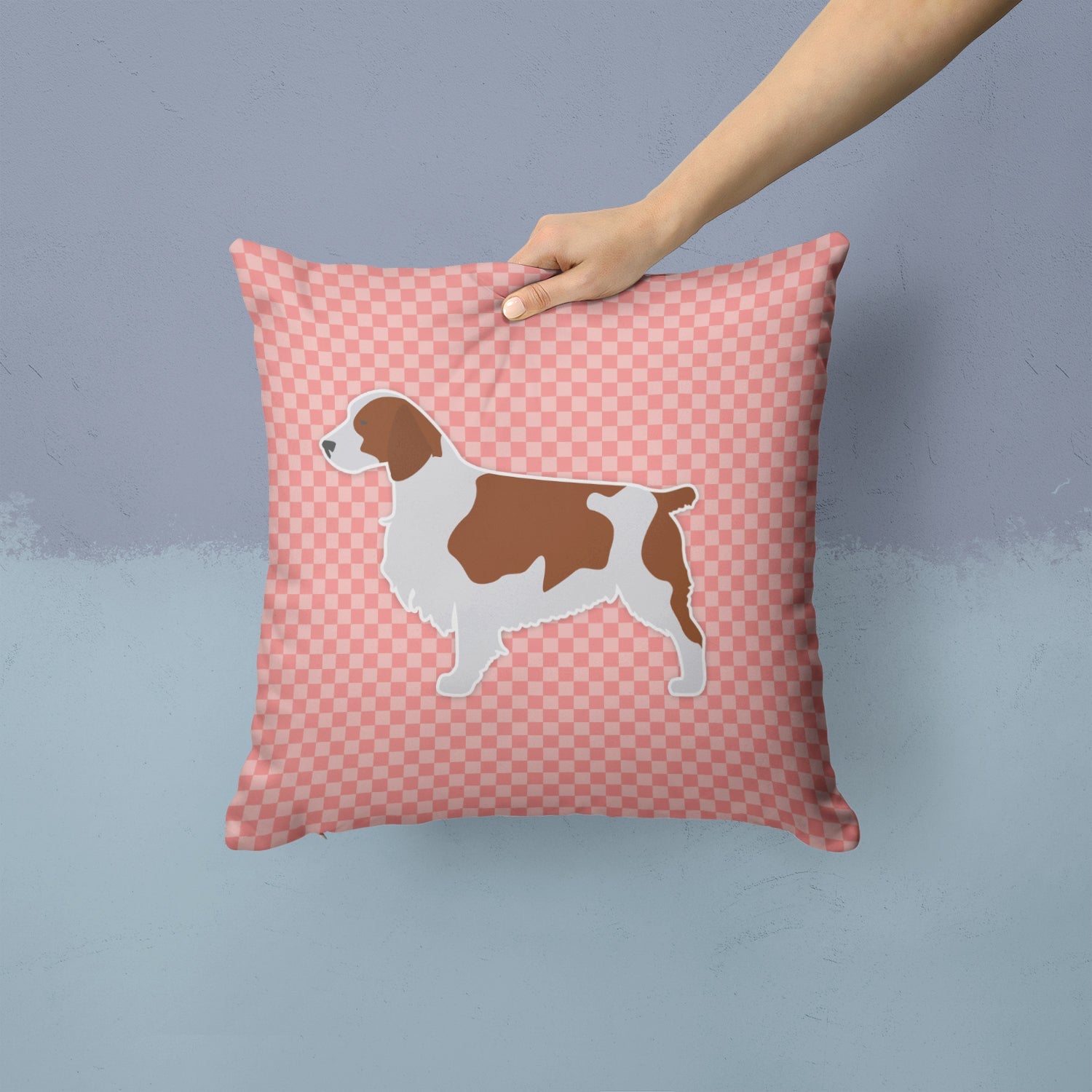 Welsh Springer Spaniel Checkerboard Pink Decorative Throw Pillow 14x14 Indoor Outdoor Accent Cushion, Fabric Cover with Insert for Sofa, Bed, Porch & Living Room
