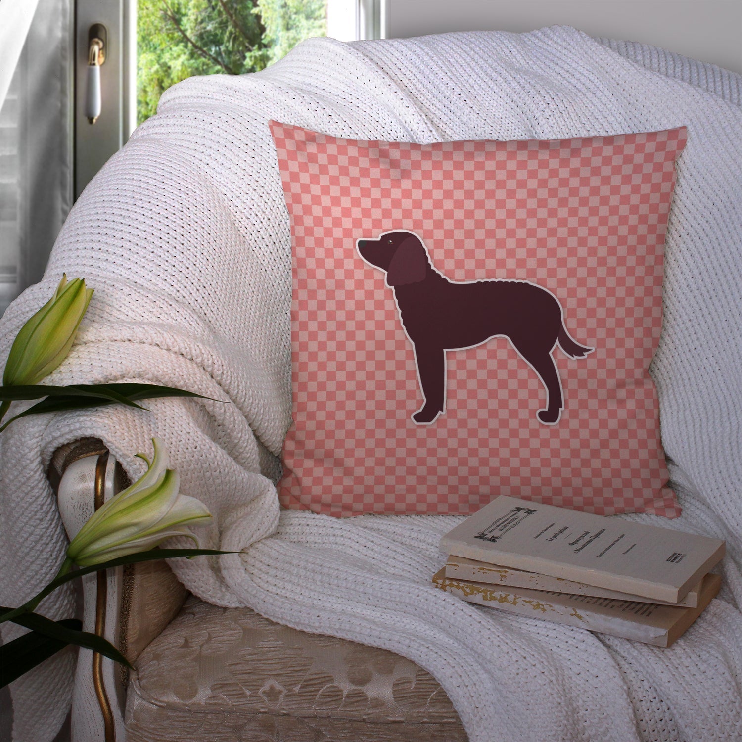 American Water Spaniel Checkerboard Pink Decorative Throw Pillow 14x14 Indoor Outdoor Accent Cushion, Fabric Cover with Insert for Sofa, Bed, Porch & Living Room