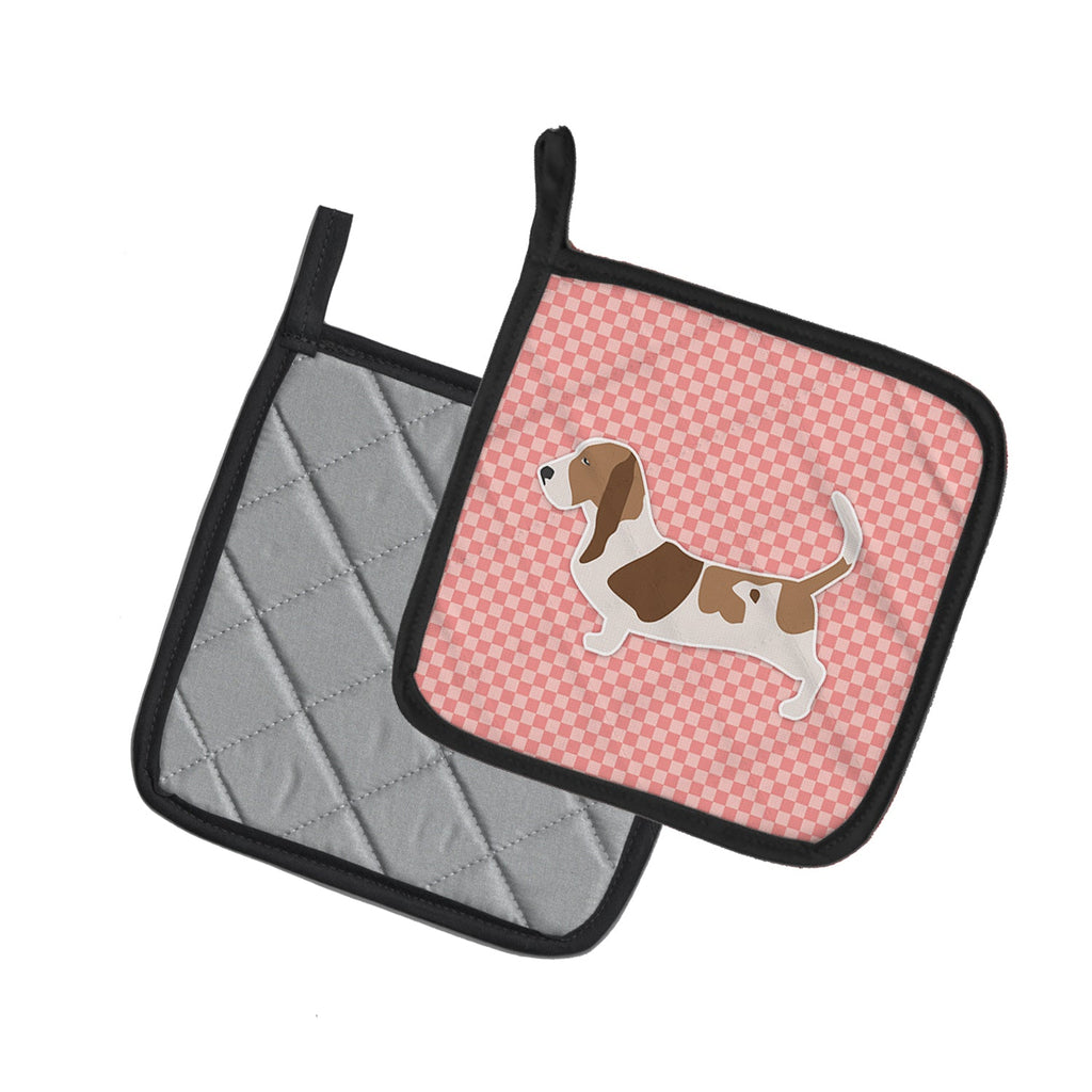 Basset Hound Checkerboard Pink Pot Holder Set of 2 Heat Resistant Quilted Hot Pads 7.5 x 7.5 Inch, Insulated Kitchen Trivets for Cooking & Baking