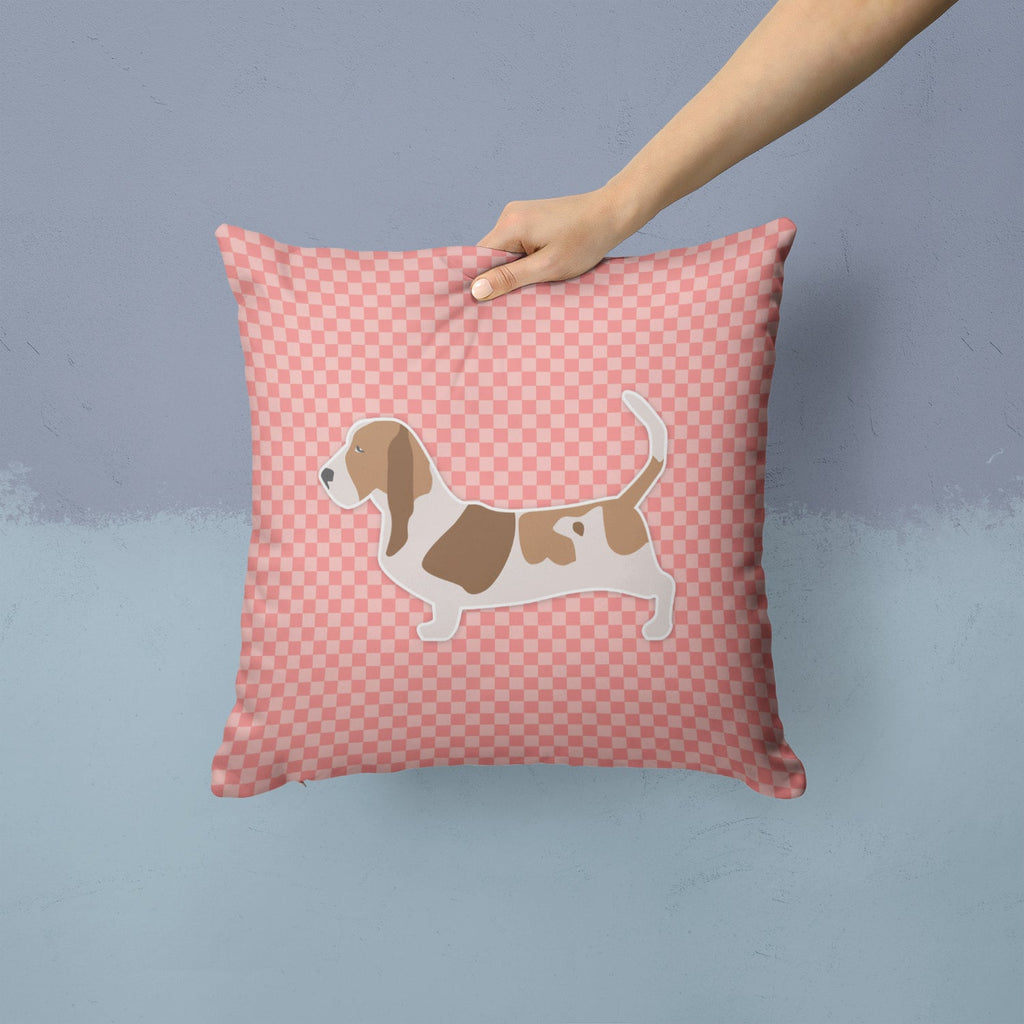 Basset Hound Checkerboard Pink Decorative Throw Pillow 14x14 Indoor Outdoor Accent Cushion, Fabric Cover with Insert for Sofa, Bed, Porch & Living Room