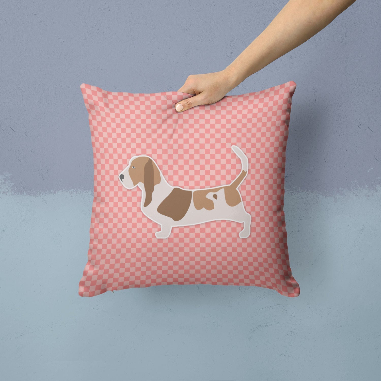 Basset Hound Checkerboard Pink Decorative Throw Pillow 14x14 Indoor Outdoor Accent Cushion, Fabric Cover with Insert for Sofa, Bed, Porch & Living Room