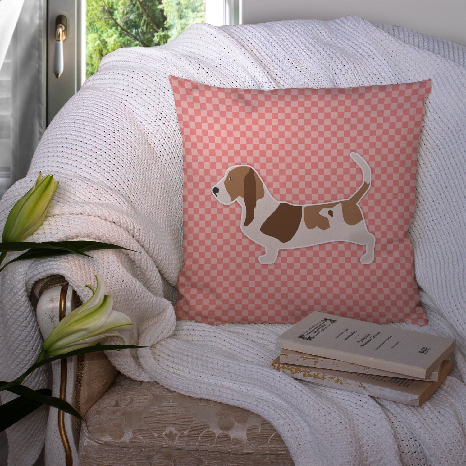 Basset Hound Checkerboard Pink Decorative Throw Pillow 14x14 Indoor Outdoor Accent Cushion, Fabric Cover with Insert for Sofa, Bed, Porch & Living Room