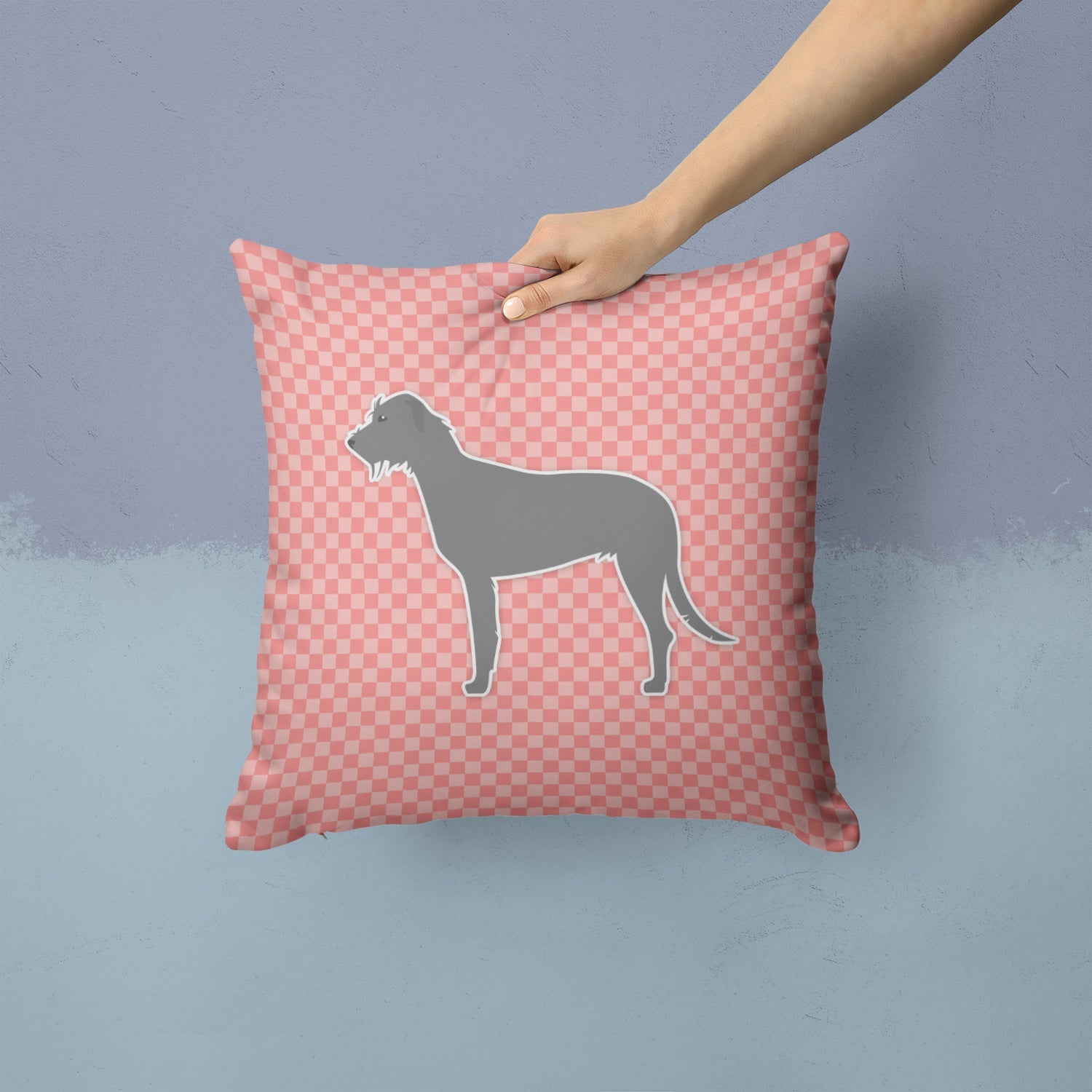 Irish Wolfhound Checkerboard Pink Decorative Throw Pillow 14x14 Indoor Outdoor Accent Cushion, Fabric Cover with Insert for Sofa, Bed, Porch & Living Room