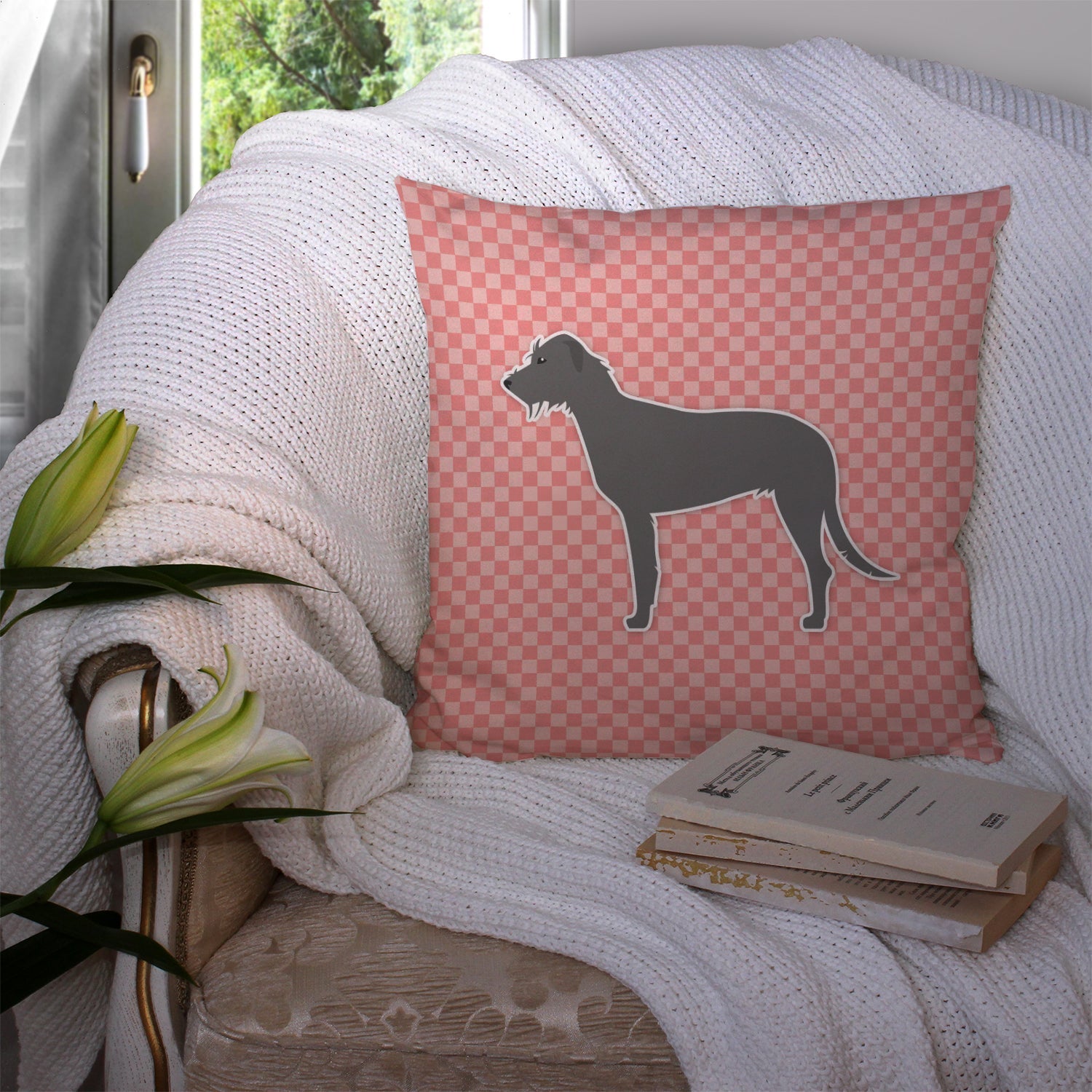 Irish Wolfhound Checkerboard Pink Decorative Throw Pillow 14x14 Indoor Outdoor Accent Cushion, Fabric Cover with Insert for Sofa, Bed, Porch & Living Room