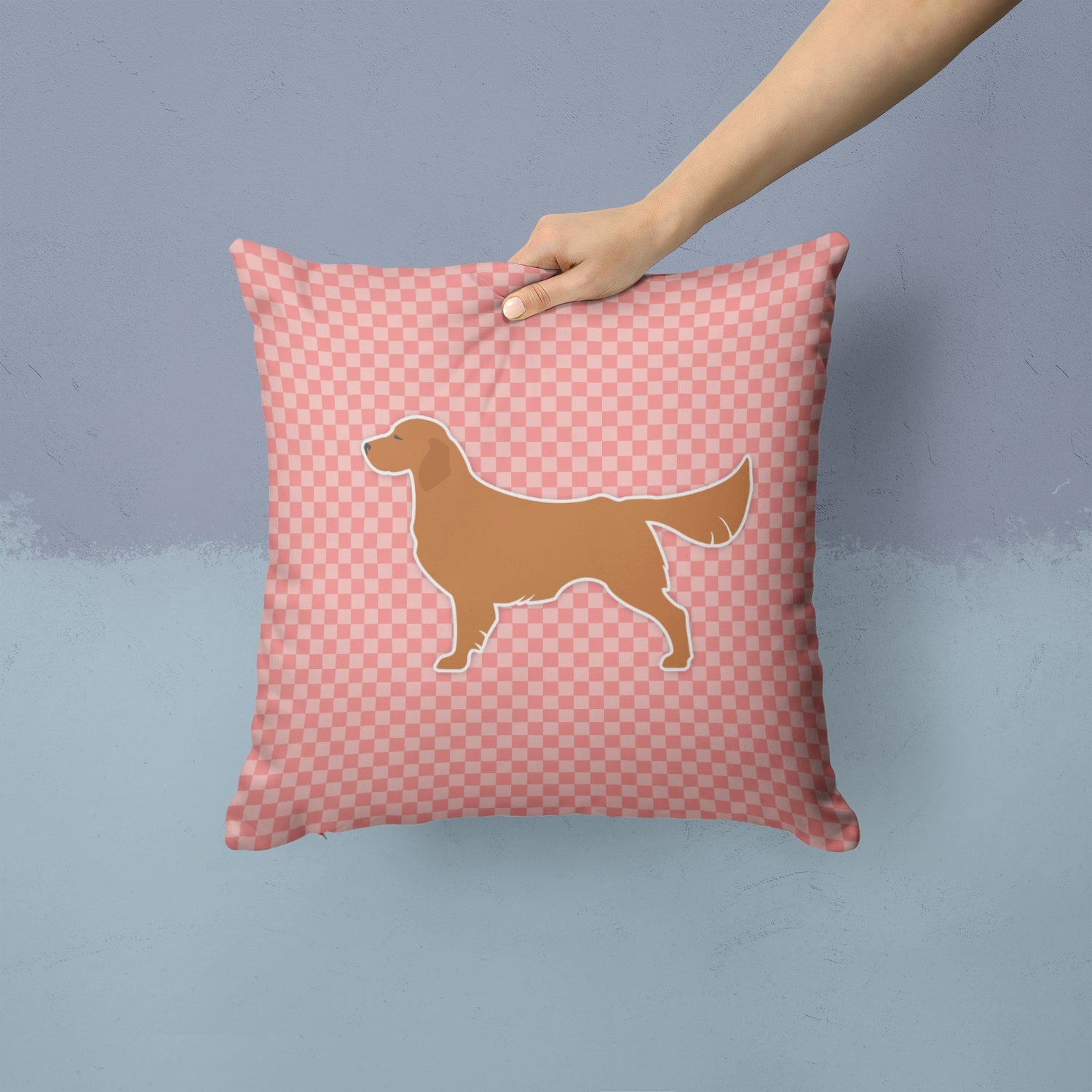 Golden Retriever Checkerboard Pink Decorative Throw Pillow 14x14 Indoor Outdoor Accent Cushion, Fabric Cover with Insert for Sofa, Bed, Porch & Living Room