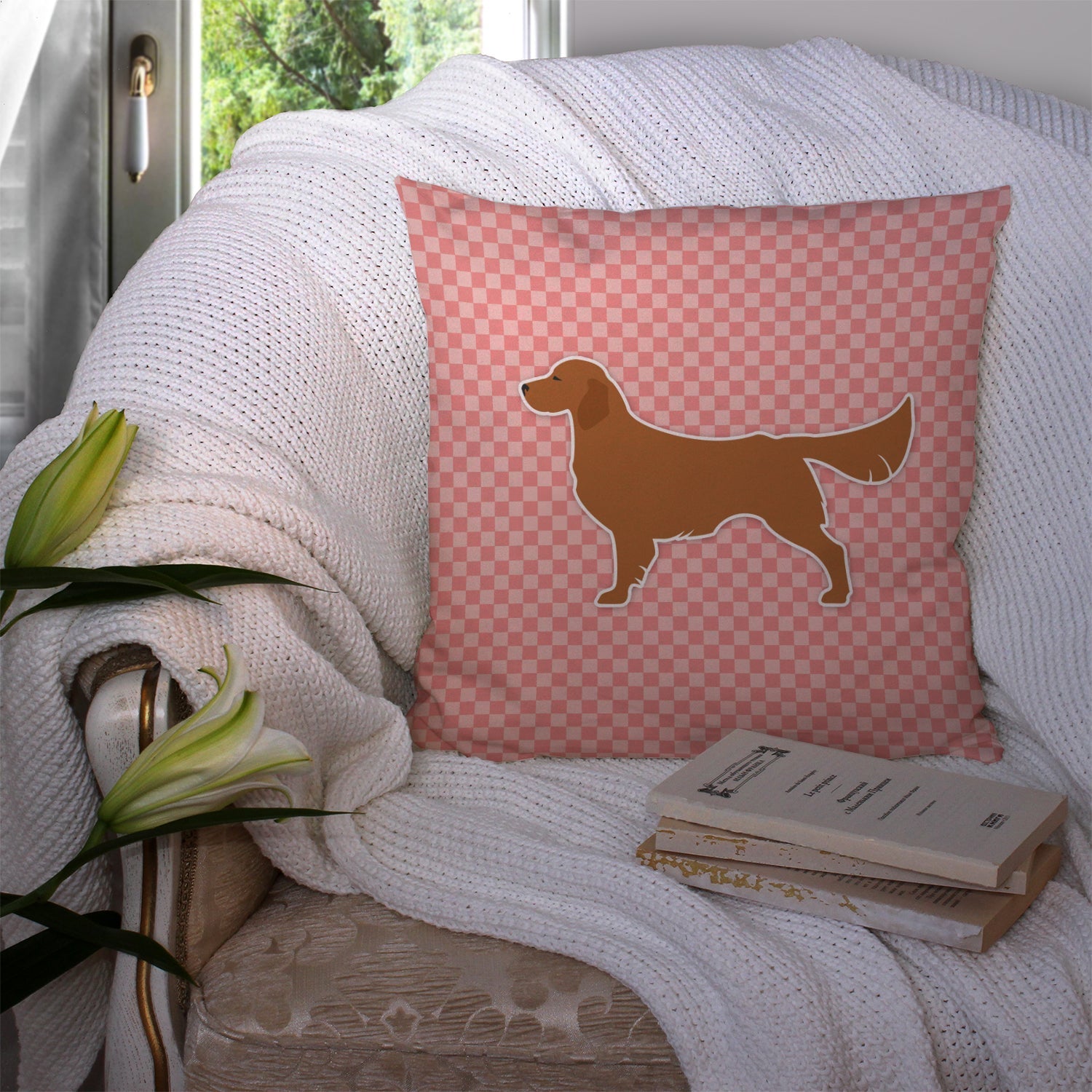 Golden Retriever Checkerboard Pink Decorative Throw Pillow 14x14 Indoor Outdoor Accent Cushion, Fabric Cover with Insert for Sofa, Bed, Porch & Living Room