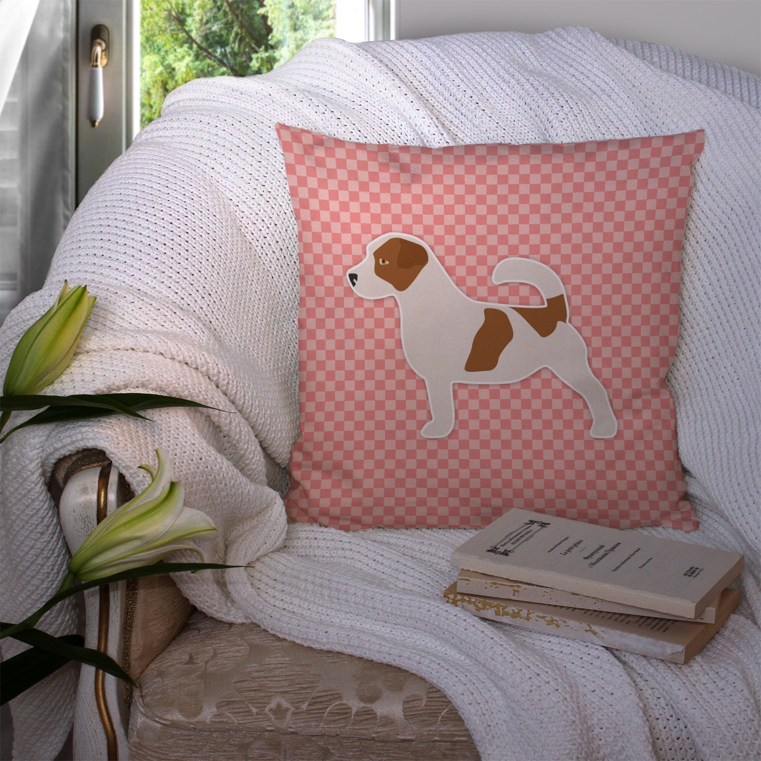 Jack Russell Terrier Checkerboard Pink Decorative Throw Pillow 14x14 Indoor Outdoor Accent Cushion, Fabric Cover with Insert for Sofa, Bed, Porch & Living Room