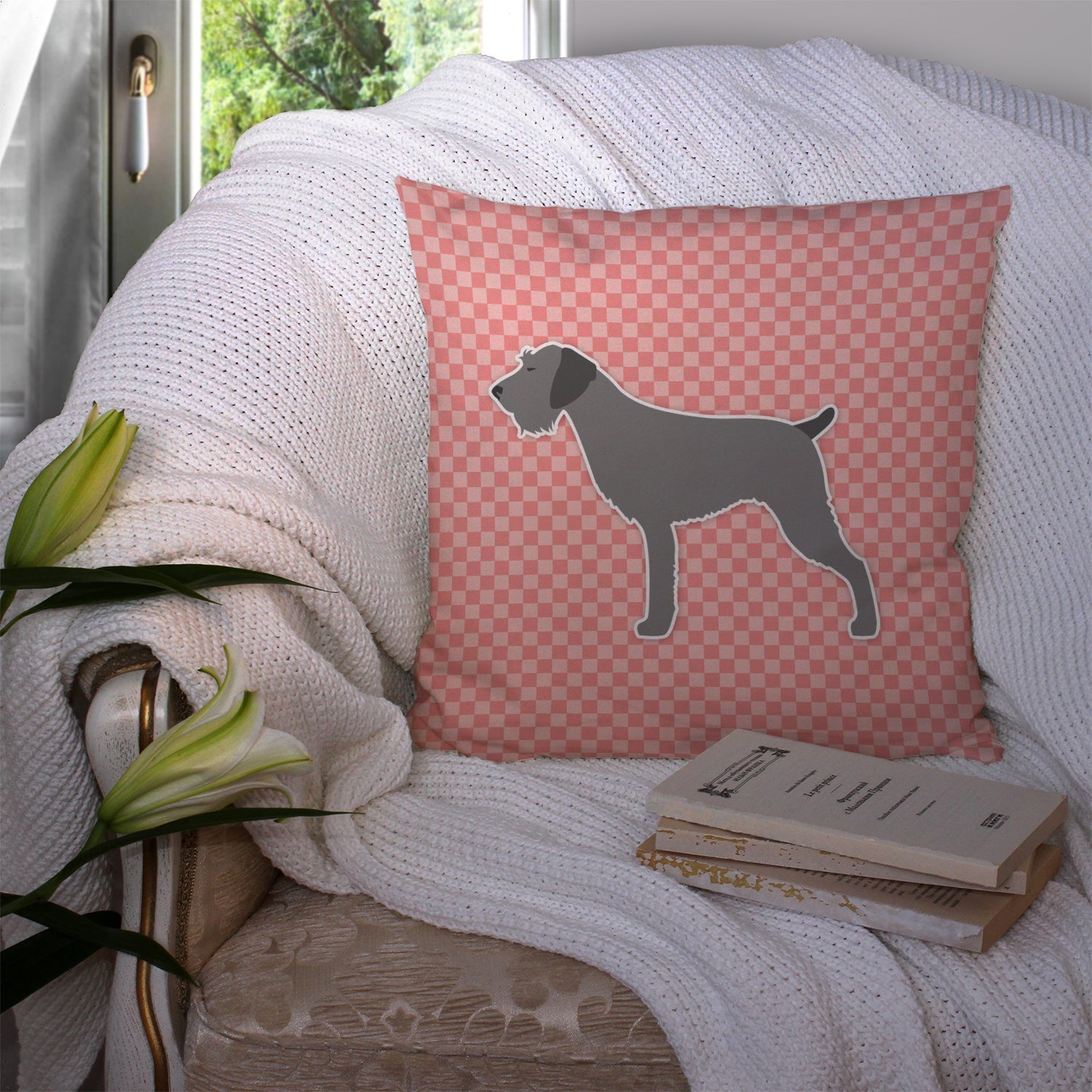 German Wirehaired Pointer Checkerboard Pink Decorative Throw Pillow 14x14 Indoor Outdoor Accent Cushion, Fabric Cover with Insert for Sofa, Bed, Porch & Living Room