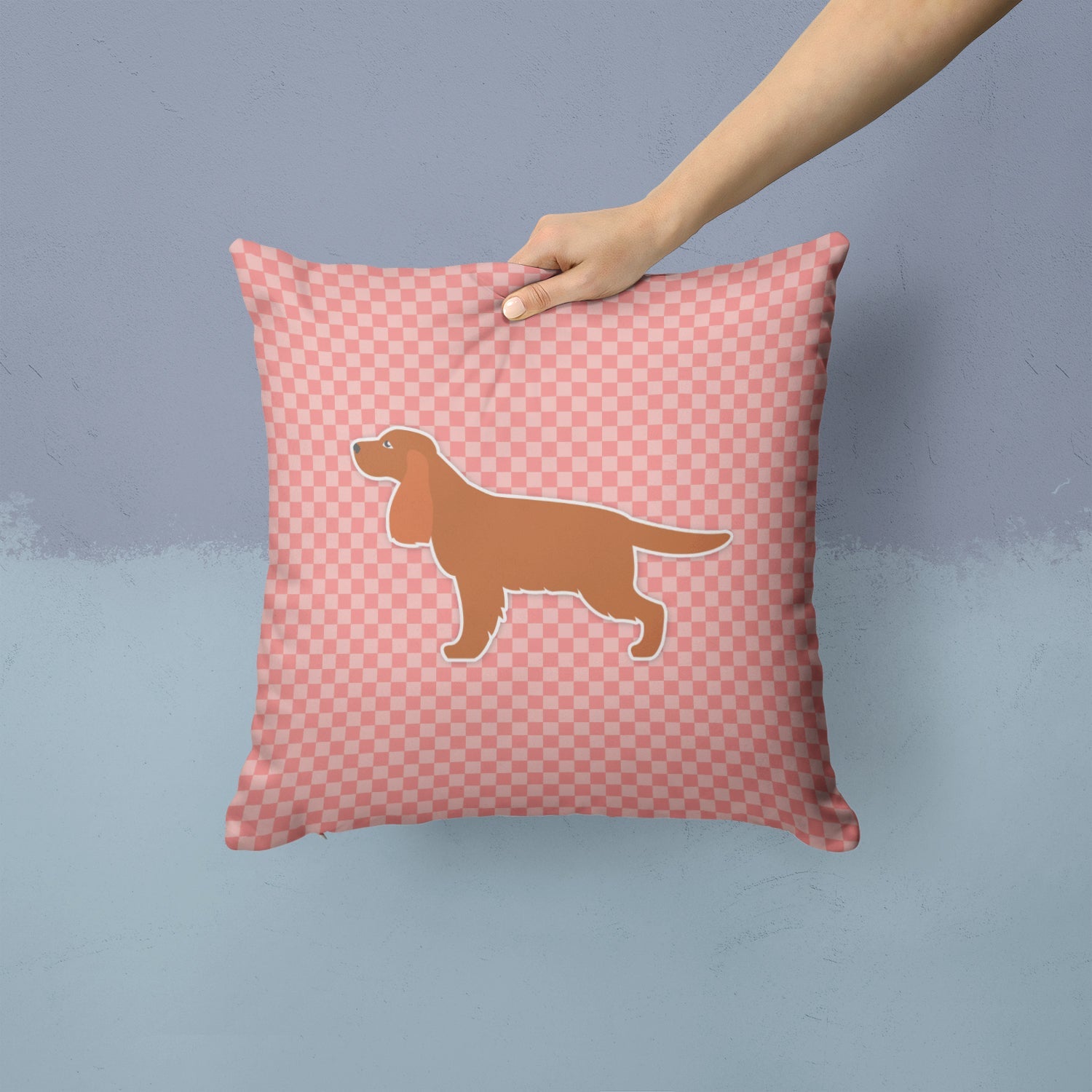 English Cocker Spaniel Checkerboard Pink Decorative Throw Pillow 14x14 Indoor Outdoor Accent Cushion, Fabric Cover with Insert for Sofa, Bed, Porch & Living Room
