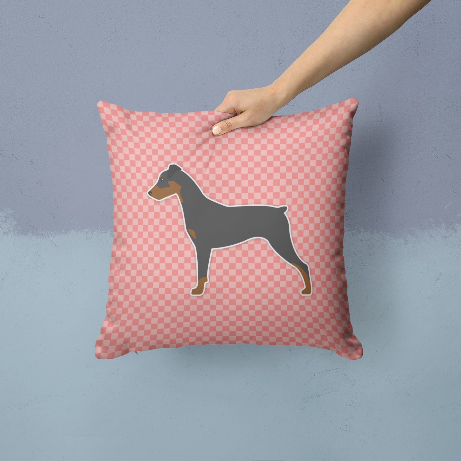 German Pinscher Checkerboard Pink Decorative Throw Pillow 14x14 Indoor Outdoor Accent Cushion, Fabric Cover with Insert for Sofa, Bed, Porch & Living Room