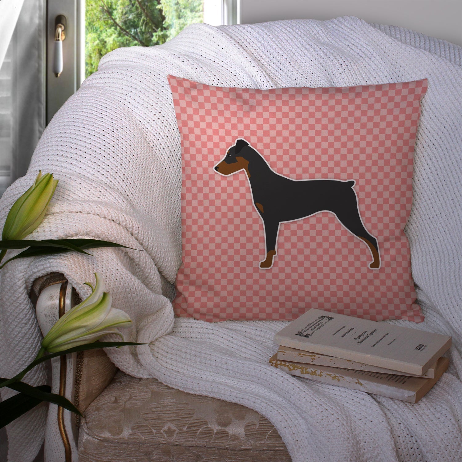 German Pinscher Checkerboard Pink Decorative Throw Pillow 14x14 Indoor Outdoor Accent Cushion, Fabric Cover with Insert for Sofa, Bed, Porch & Living Room