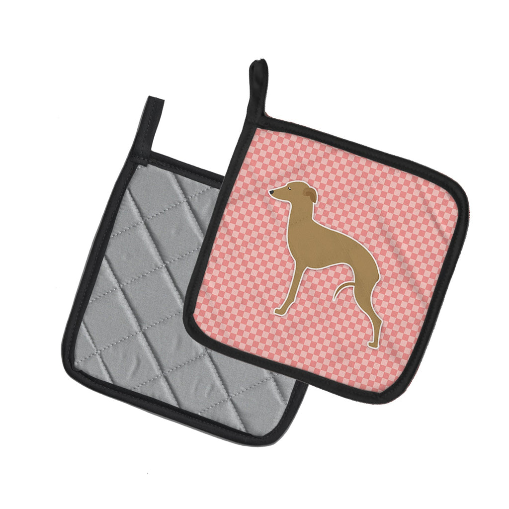 Italian Greyhound Checkerboard Pink Pot Holder Set of 2 Heat Resistant Quilted Hot Pads 7.5 x 7.5 Inch, Insulated Kitchen Trivets for Cooking & Baking