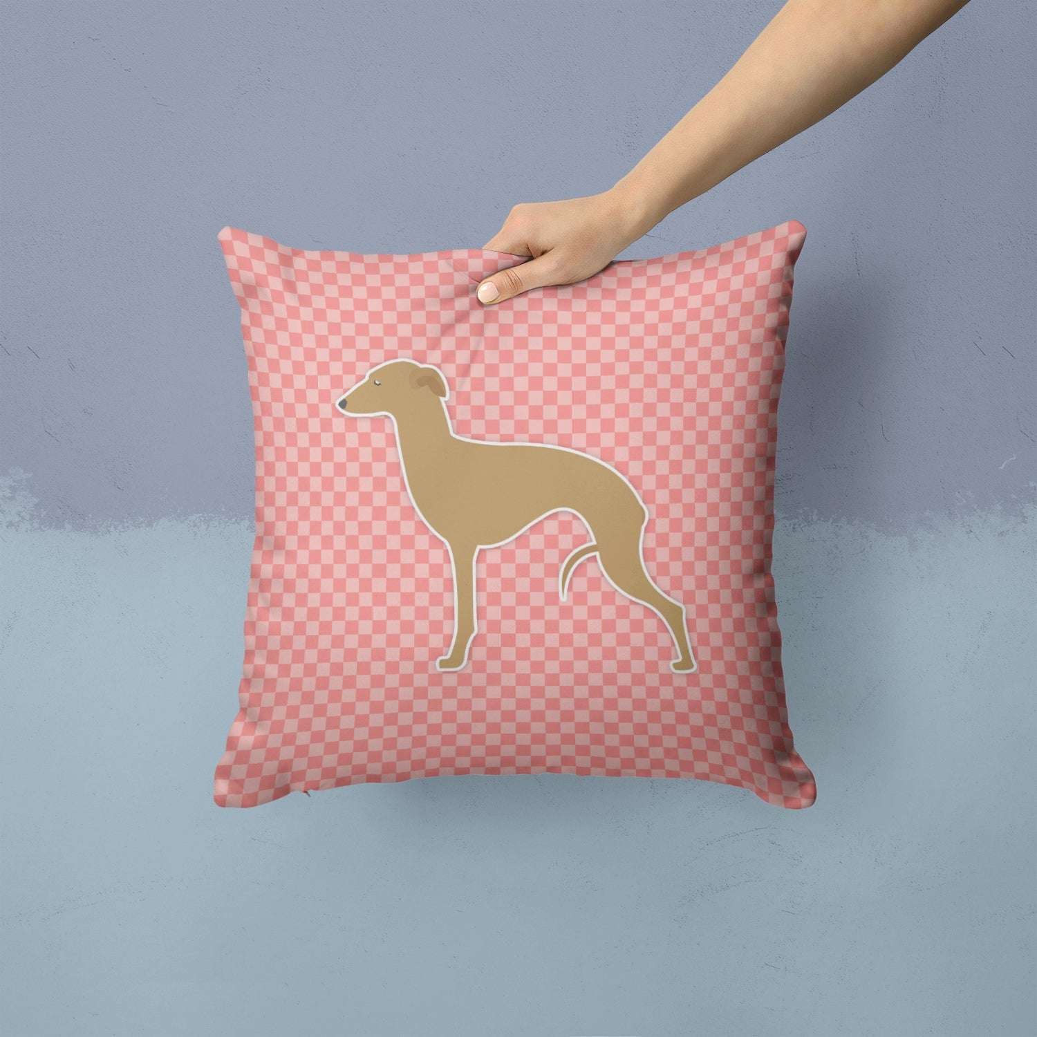 Italian Greyhound Checkerboard Pink Decorative Throw Pillow 14x14 Indoor Outdoor Accent Cushion, Fabric Cover with Insert for Sofa, Bed, Porch & Living Room