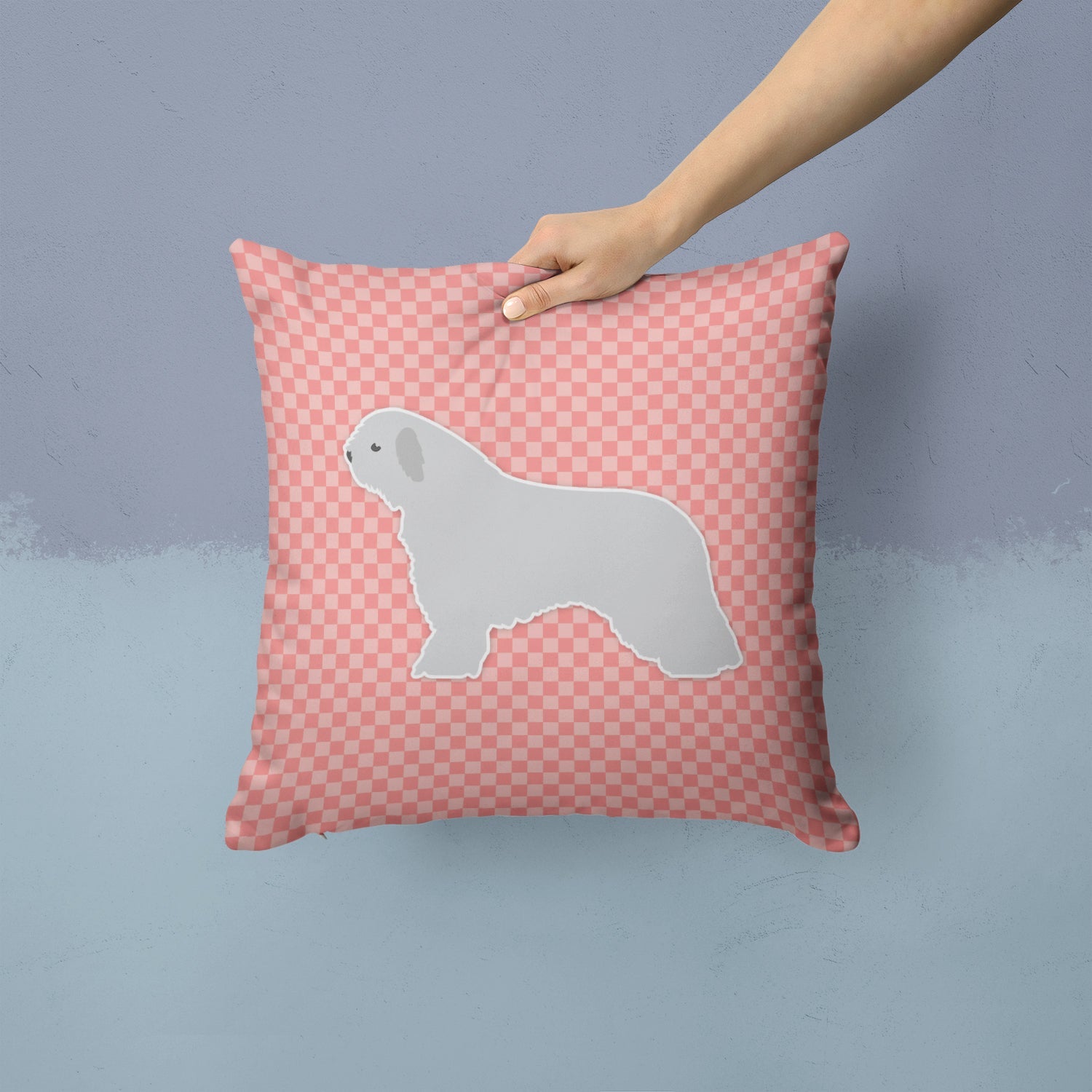 Spanish Water Dog Checkerboard Pink Decorative Throw Pillow 14x14 Indoor Outdoor Accent Cushion, Fabric Cover with Insert for Sofa, Bed, Porch & Living Room