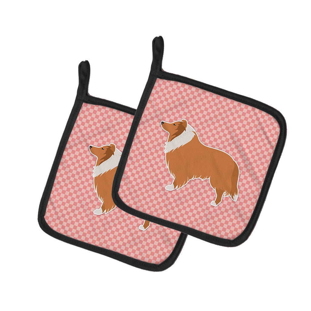 Collie Checkerboard Pink Pot Holder Set of 2 Heat Resistant Quilted Hot Pads 7.5 x 7.5 Inch, Insulated Kitchen Trivets for Cooking & Baking