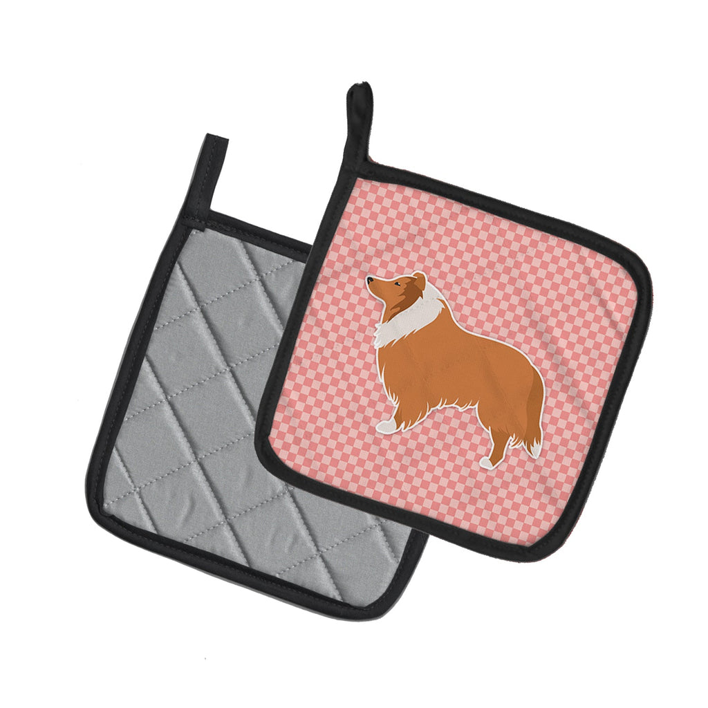 Collie Checkerboard Pink Pot Holder Set of 2 Heat Resistant Quilted Hot Pads 7.5 x 7.5 Inch, Insulated Kitchen Trivets for Cooking & Baking