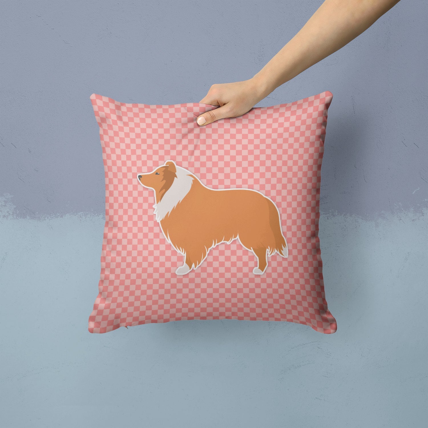 Collie Checkerboard Pink Decorative Throw Pillow 14x14 Indoor Outdoor Accent Cushion, Fabric Cover with Insert for Sofa, Bed, Porch & Living Room