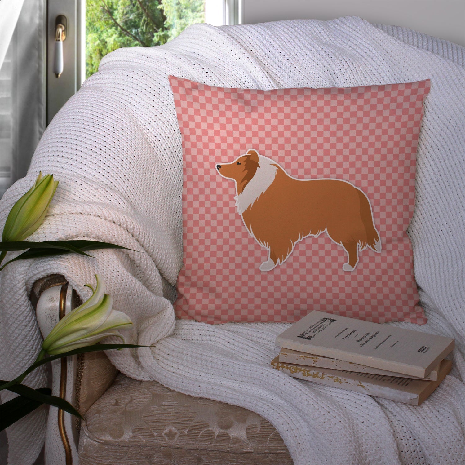 Collie Checkerboard Pink Decorative Throw Pillow 14x14 Indoor Outdoor Accent Cushion, Fabric Cover with Insert for Sofa, Bed, Porch & Living Room