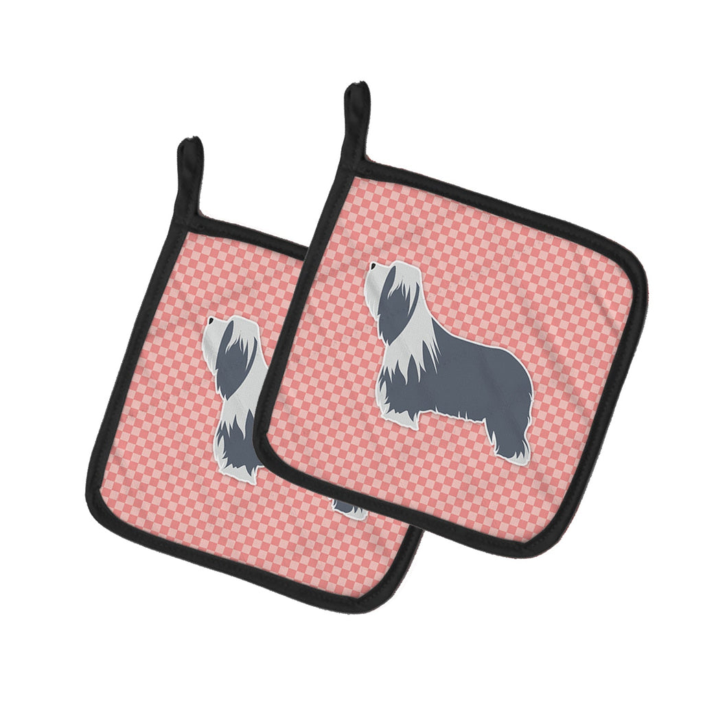 Bearded Collie Checkerboard Pink Pot Holder Set of 2 Heat Resistant Quilted Hot Pads 7.5 x 7.5 Inch, Insulated Kitchen Trivets for Cooking & Baking