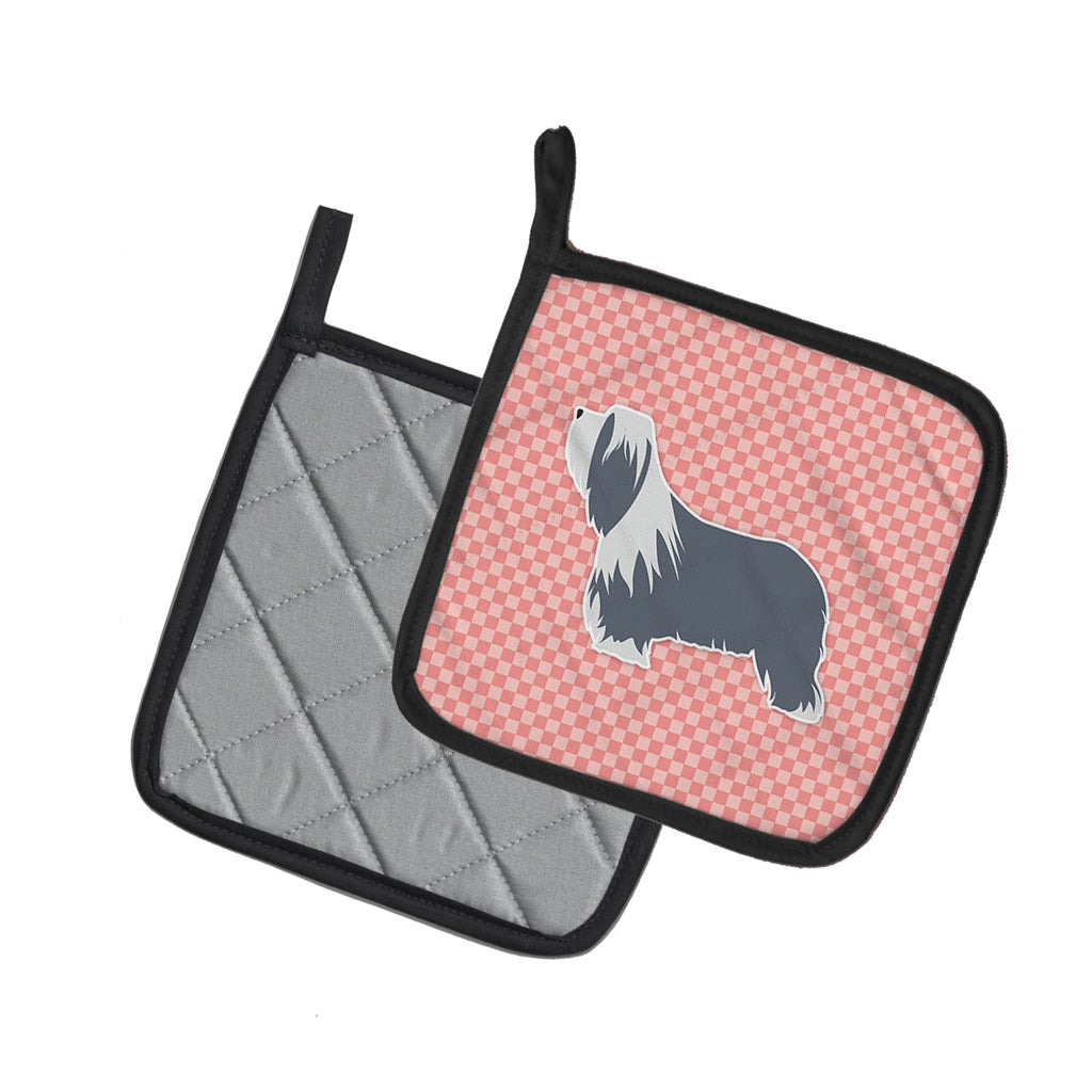 Bearded Collie Checkerboard Pink Pot Holder Set of 2 Heat Resistant Quilted Hot Pads 7.5 x 7.5 Inch, Insulated Kitchen Trivets for Cooking & Baking