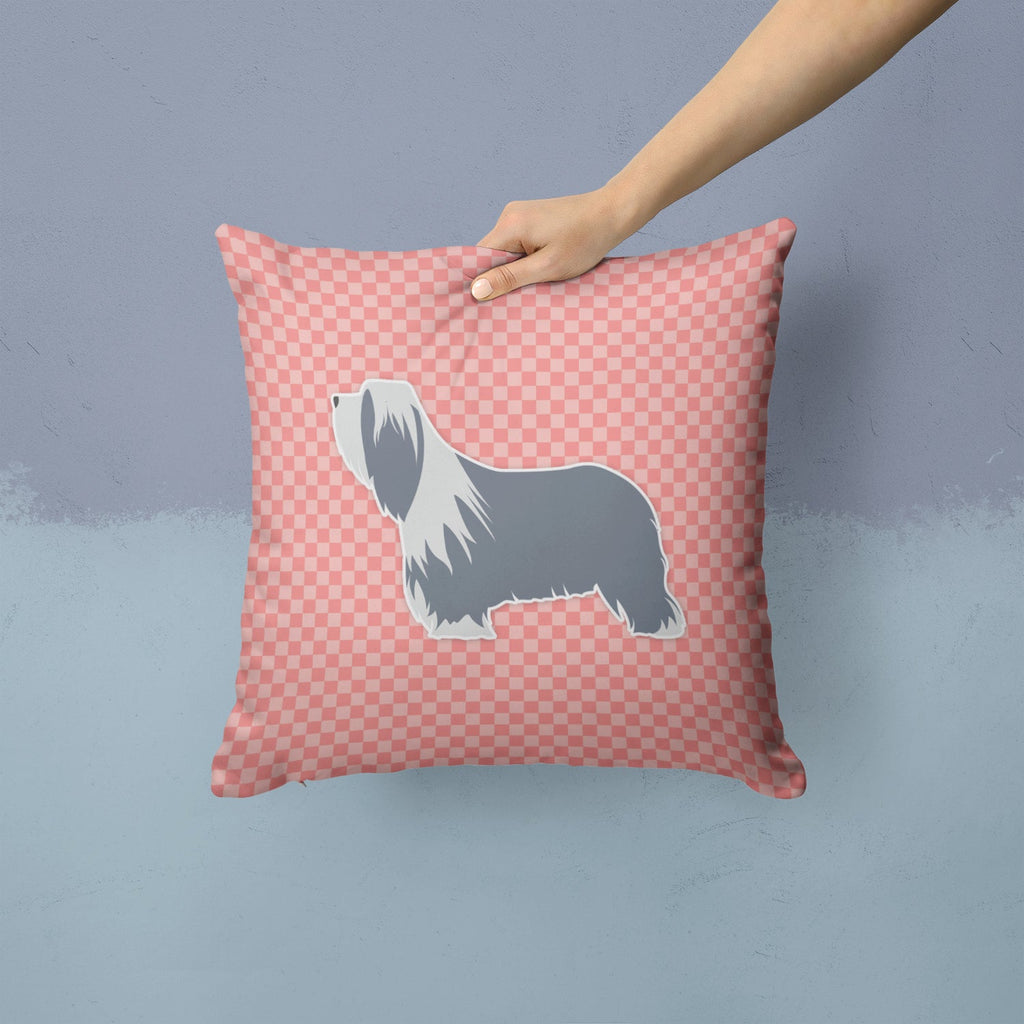 Bearded Collie Checkerboard Pink Decorative Throw Pillow 14x14 Indoor Outdoor Accent Cushion, Fabric Cover with Insert for Sofa, Bed, Porch & Living Room