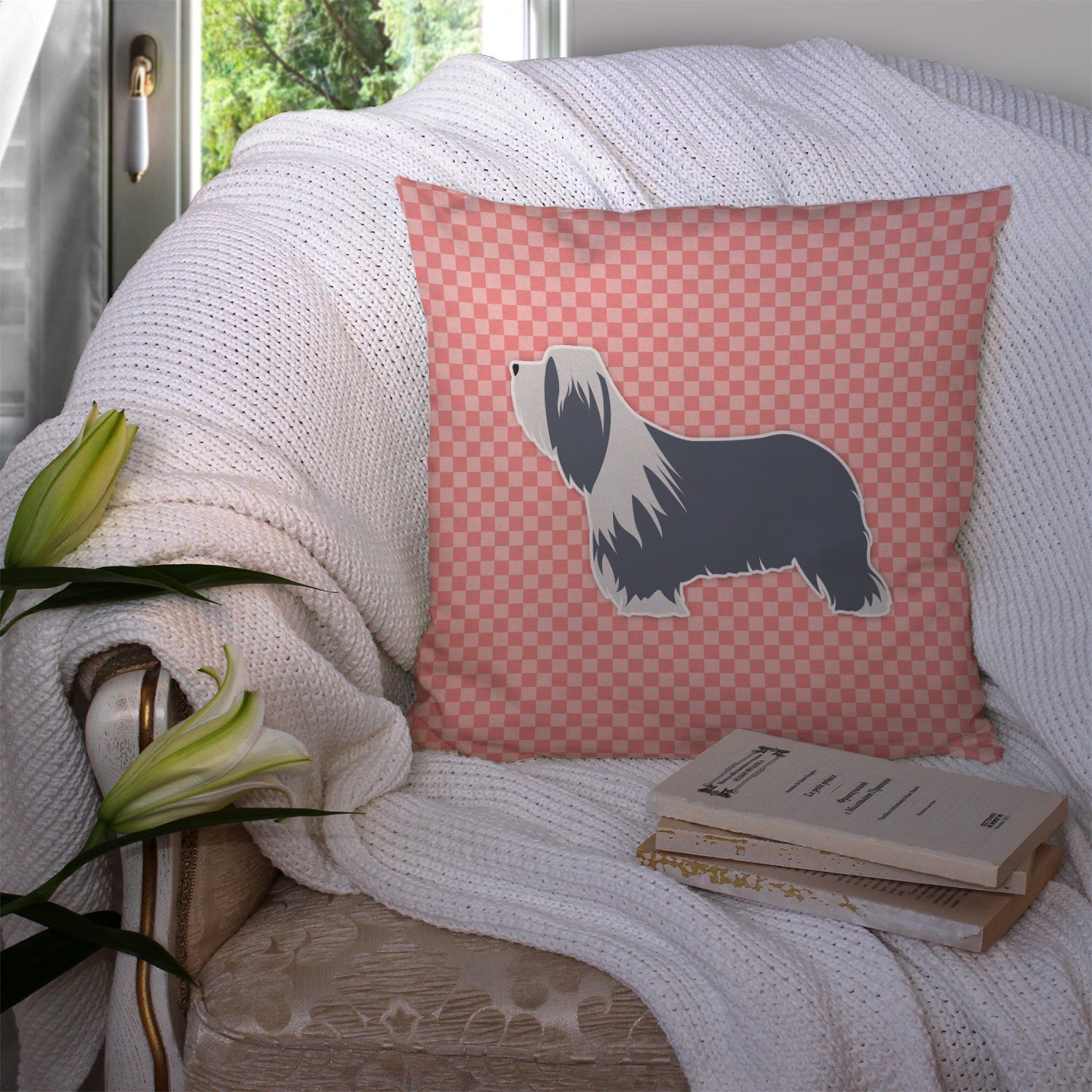 Bearded Collie Checkerboard Pink Decorative Throw Pillow 14x14 Indoor Outdoor Accent Cushion, Fabric Cover with Insert for Sofa, Bed, Porch & Living Room