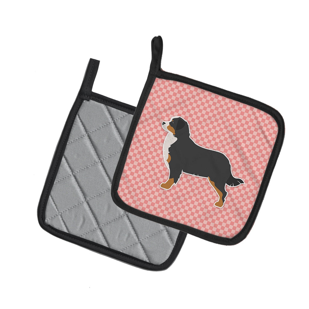 Bernese Mountain Dog Checkerboard Pink Pot Holder Set of 2 Heat Resistant Quilted Hot Pads 7.5 x 7.5 Inch, Insulated Kitchen Trivets for Cooking & Baking