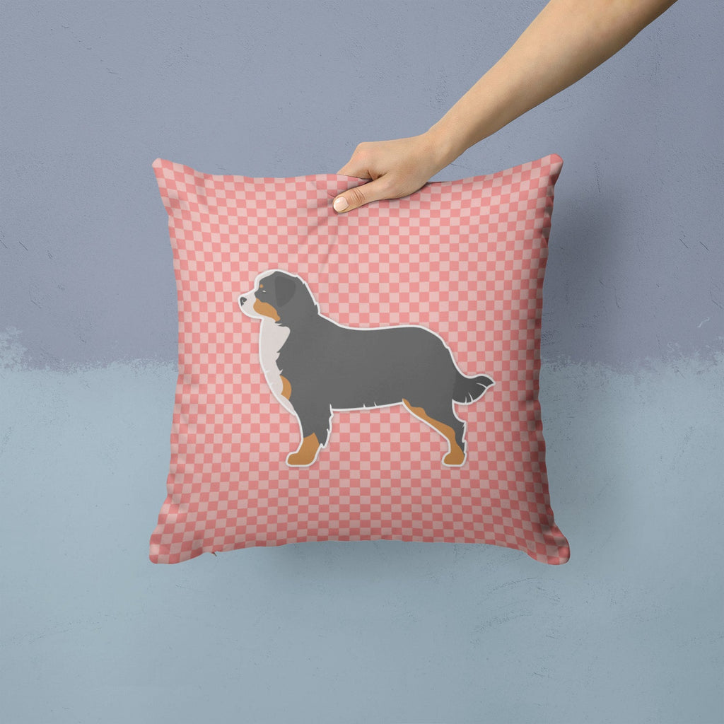 Bernese Mountain Dog Checkerboard Pink Decorative Throw Pillow 14x14 Indoor Outdoor Accent Cushion, Fabric Cover with Insert for Sofa, Bed, Porch & Living Room