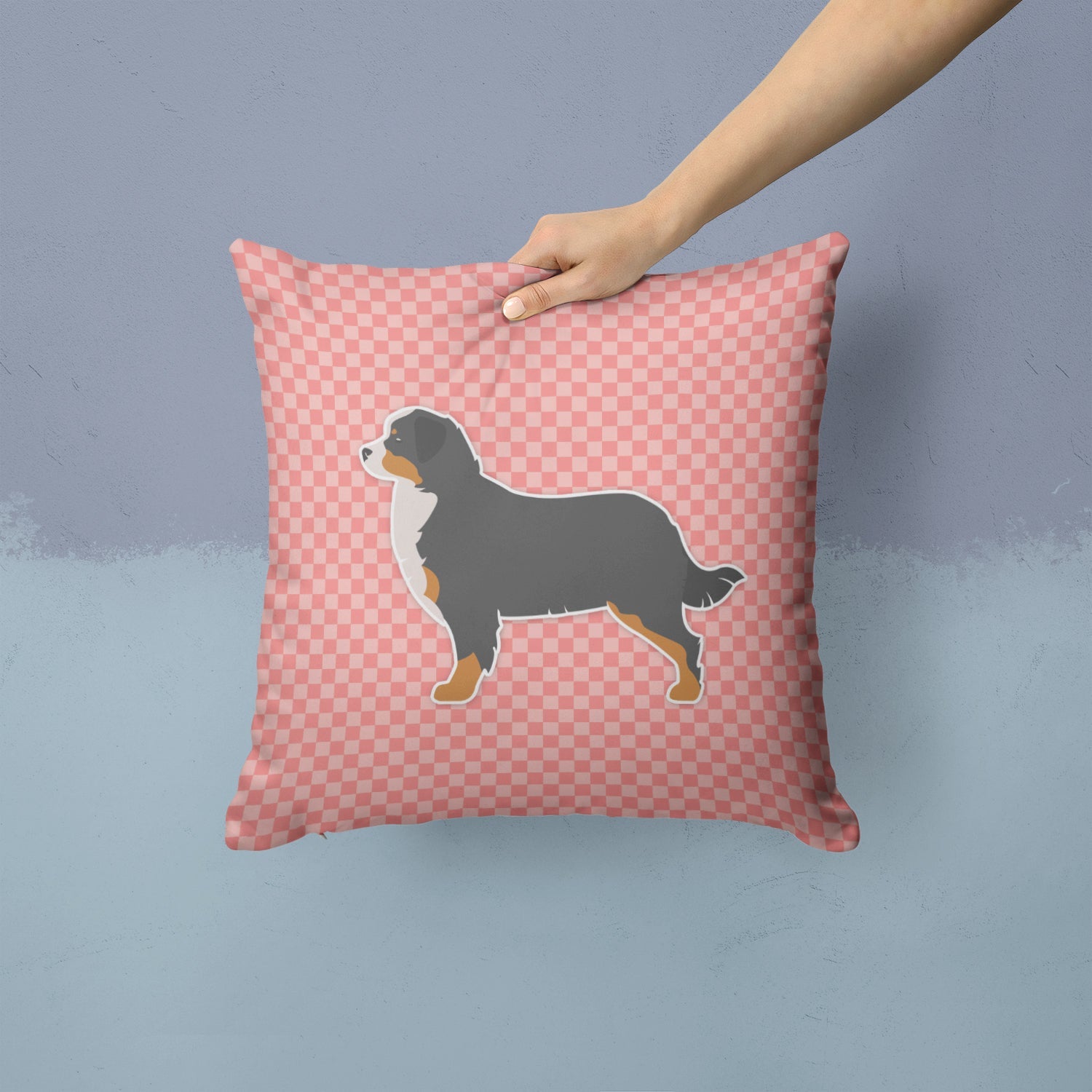 Bernese Mountain Dog Checkerboard Pink Decorative Throw Pillow 14x14 Indoor Outdoor Accent Cushion, Fabric Cover with Insert for Sofa, Bed, Porch & Living Room