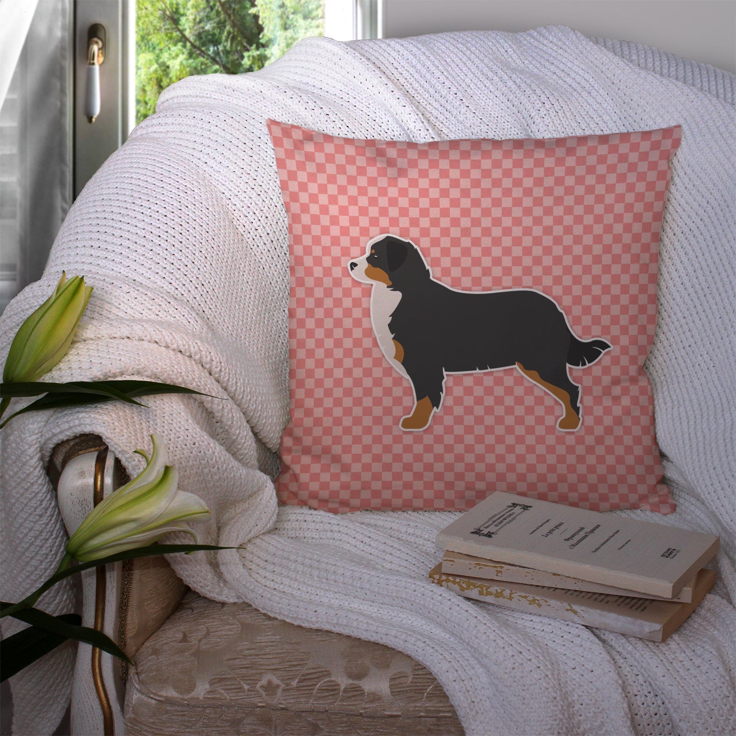 Bernese Mountain Dog Checkerboard Pink Decorative Throw Pillow 14x14 Indoor Outdoor Accent Cushion, Fabric Cover with Insert for Sofa, Bed, Porch & Living Room
