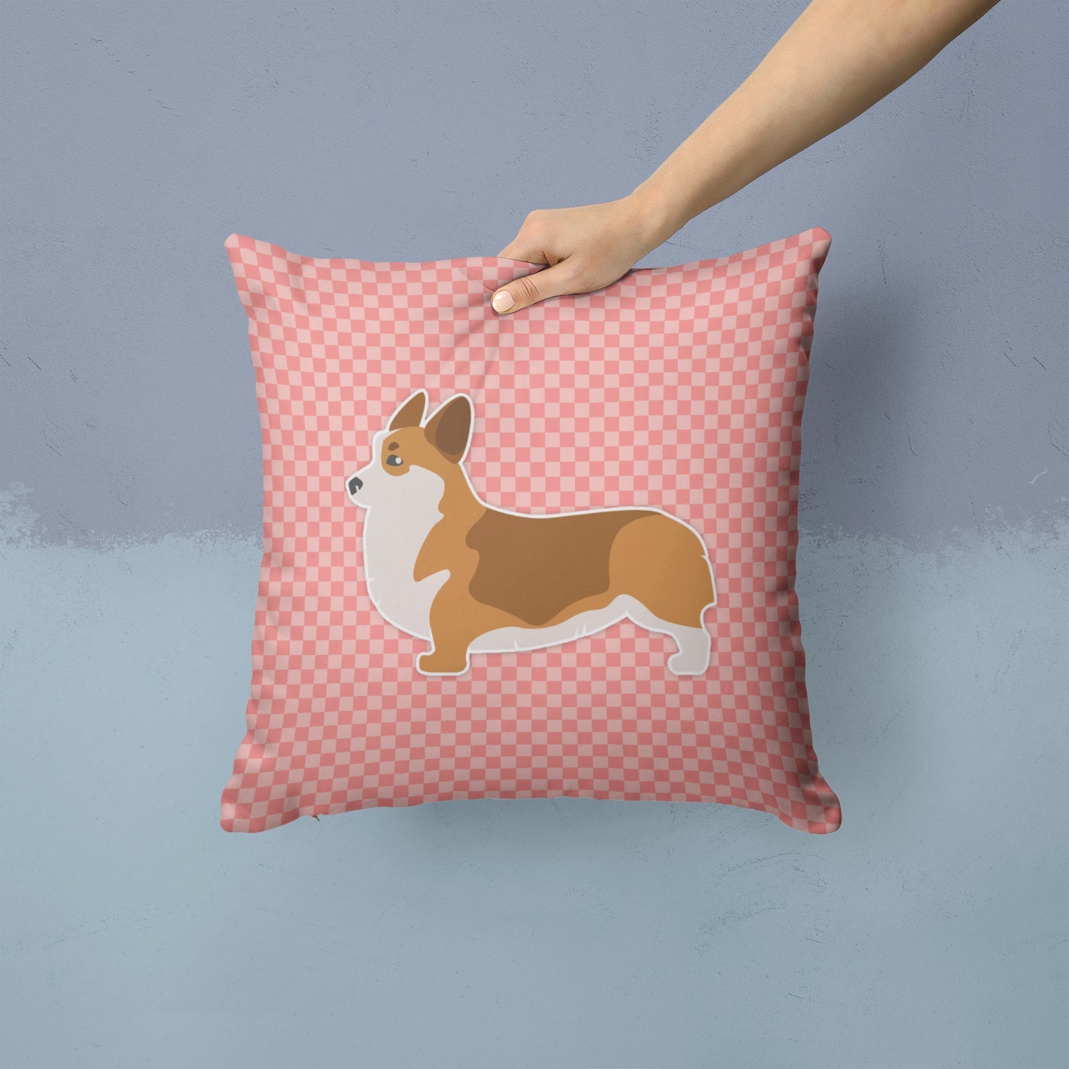 Corgi Checkerboard Pink Decorative Throw Pillow 14x14 Indoor Outdoor Accent Cushion, Fabric Cover with Insert for Sofa, Bed, Porch & Living Room