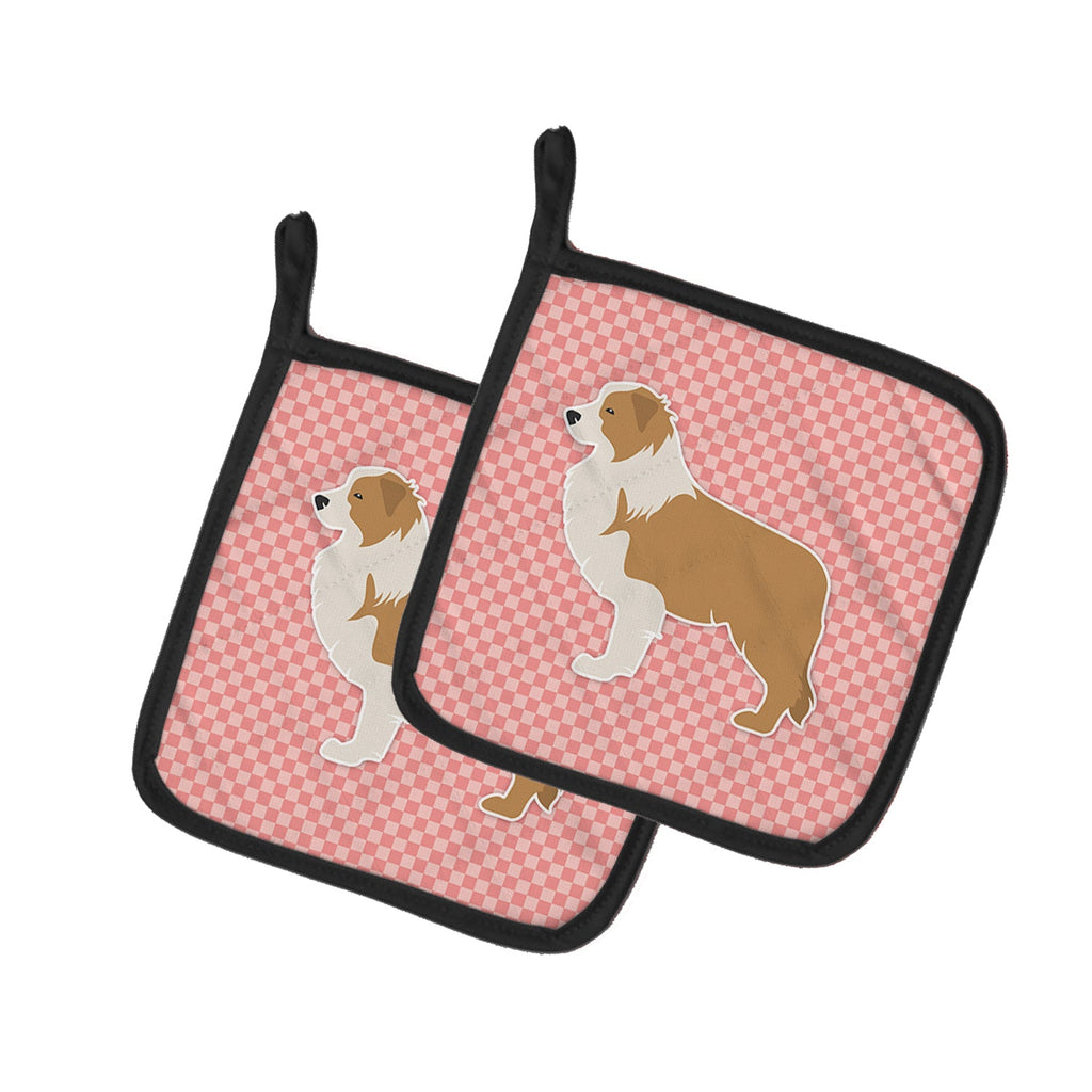 Red Border Collie Checkerboard Pink Pot Holder Set of 2 Heat Resistant Quilted Hot Pads 7.5 x 7.5 Inch, Insulated Kitchen Trivets for Cooking & Baking