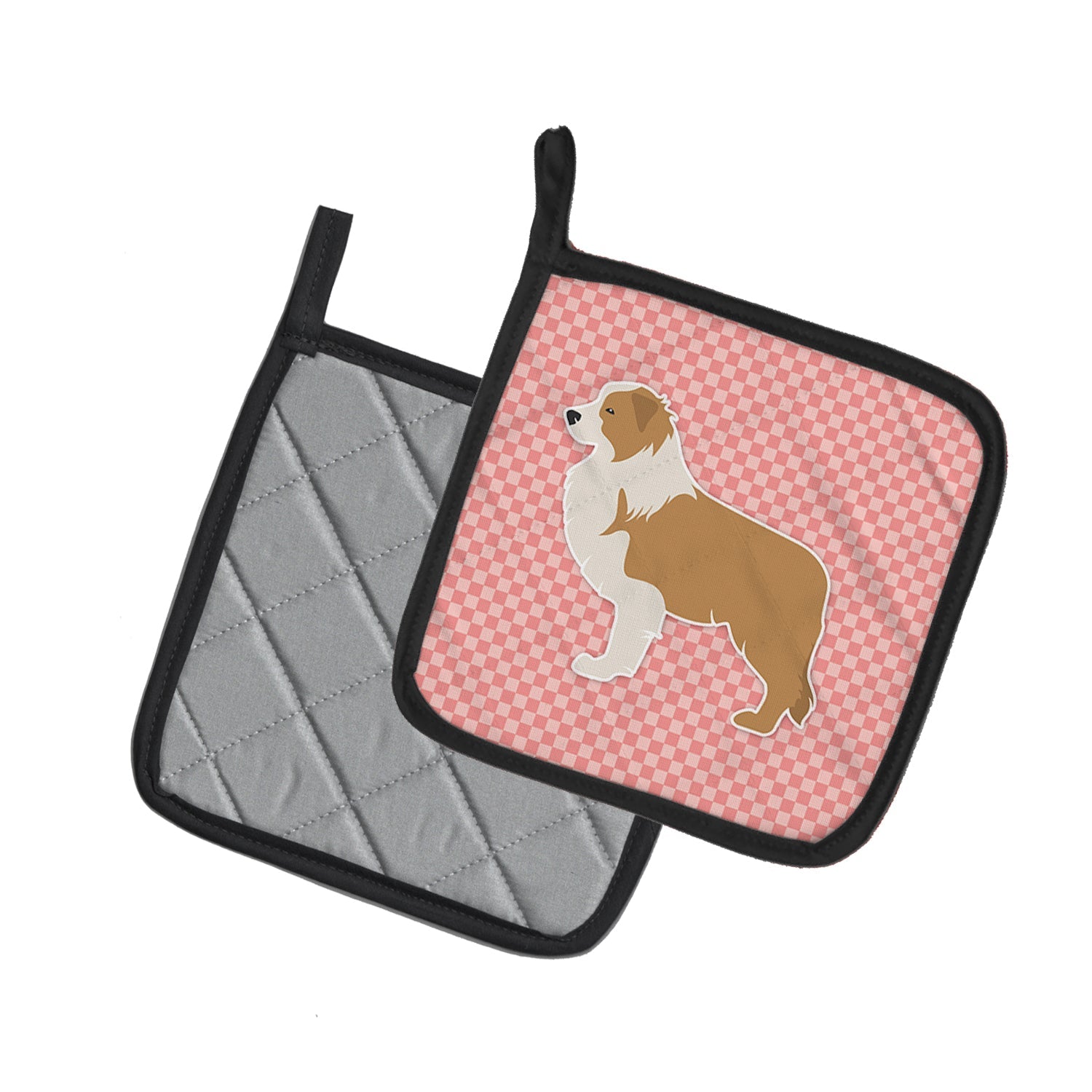 Red Border Collie Checkerboard Pink Pot Holder Set of 2 Heat Resistant Quilted Hot Pads 7.5 x 7.5 Inch, Insulated Kitchen Trivets for Cooking & Baking