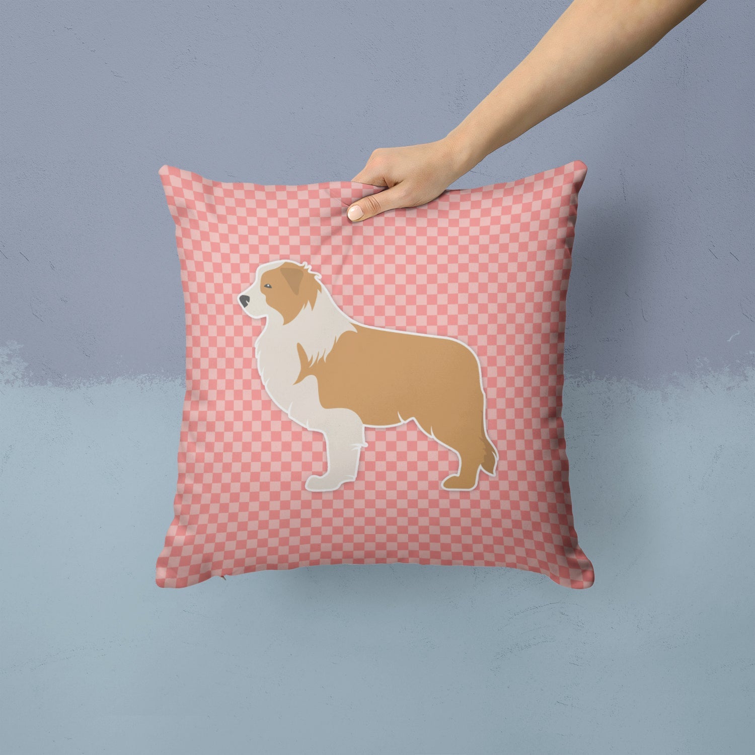 Red Border Collie Checkerboard Pink Decorative Throw Pillow 14x14 Indoor Outdoor Accent Cushion, Fabric Cover with Insert for Sofa, Bed, Porch & Living Room
