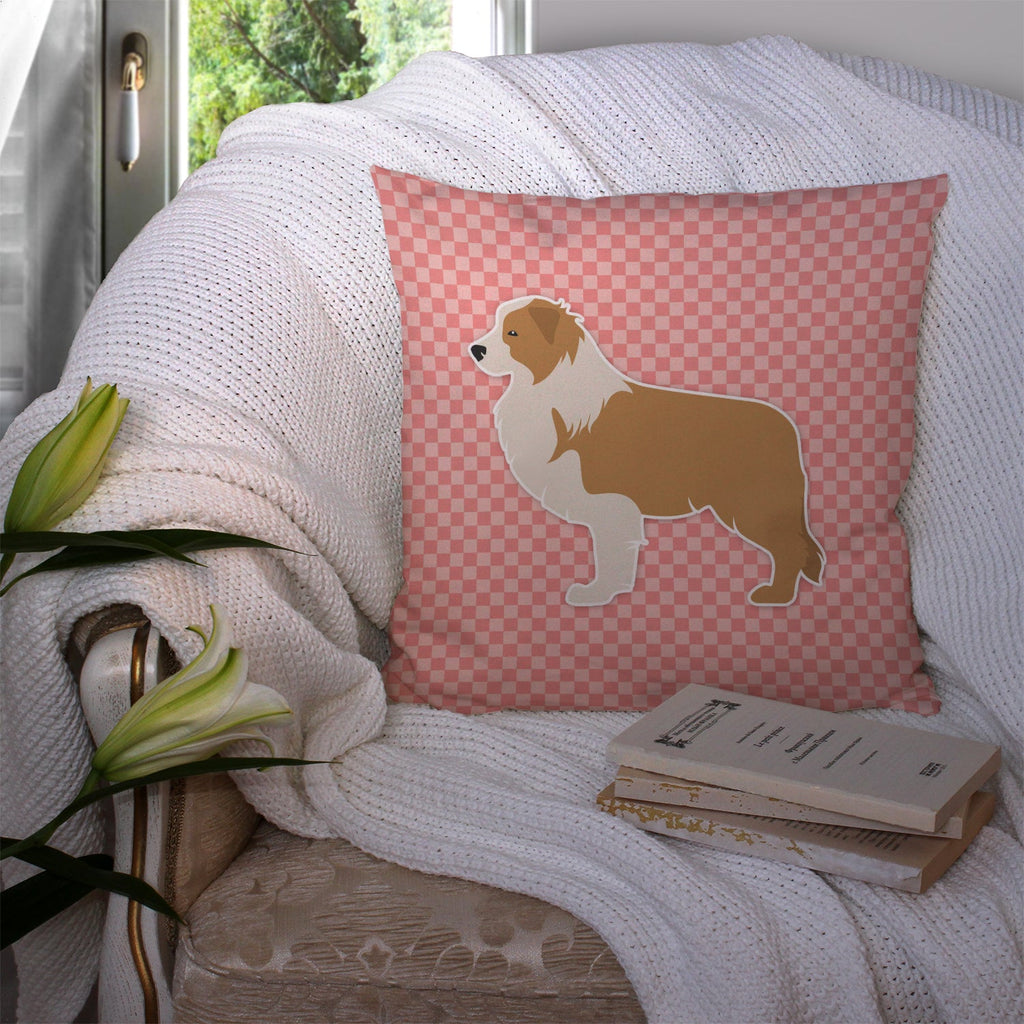 Red Border Collie Checkerboard Pink Decorative Throw Pillow 14x14 Indoor Outdoor Accent Cushion, Fabric Cover with Insert for Sofa, Bed, Porch & Living Room