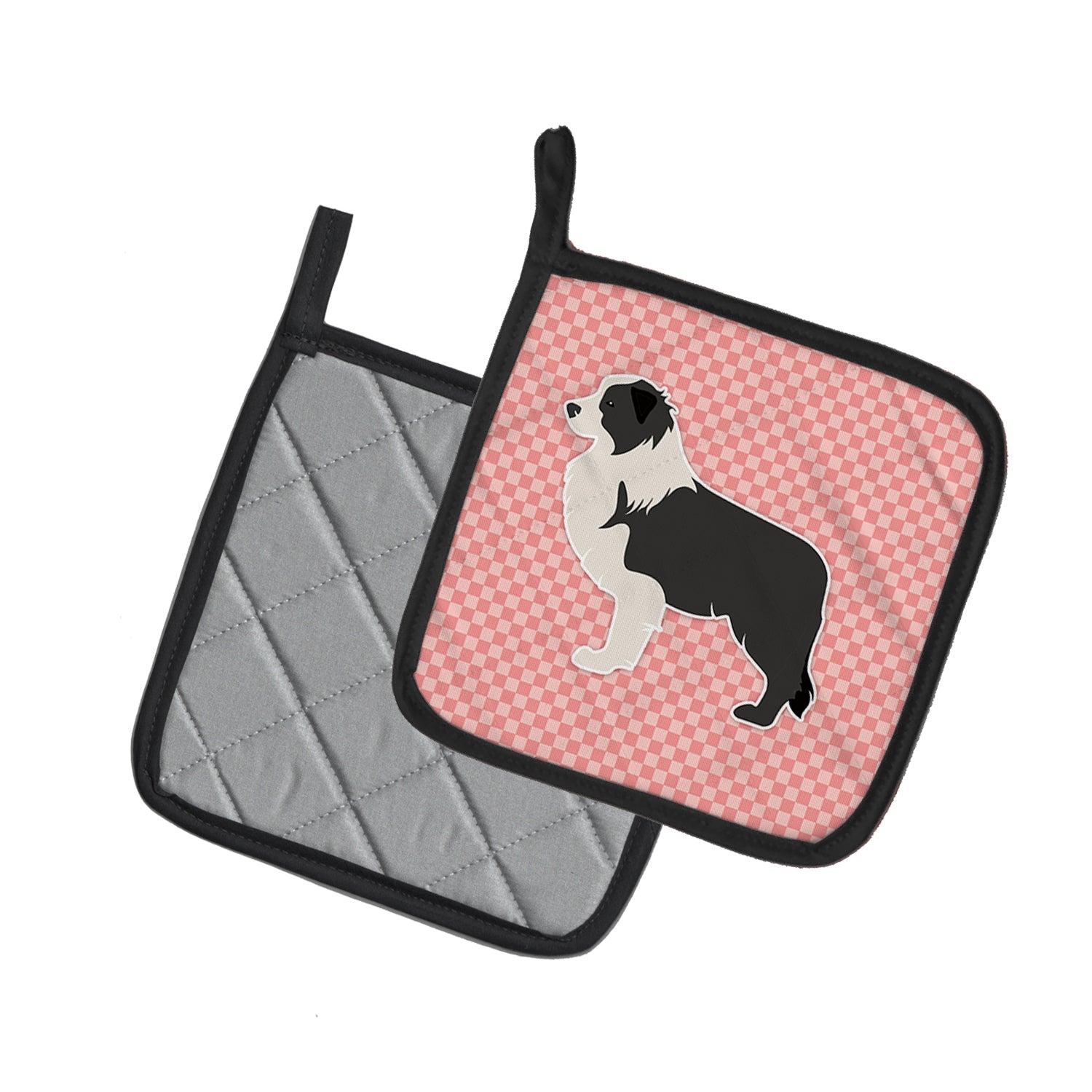 Black Border Collie Checkerboard Pink Pot Holder Set of 2 Heat Resistant Quilted Hot Pads 7.5 x 7.5 Inch, Insulated Kitchen Trivets for Cooking & Baking