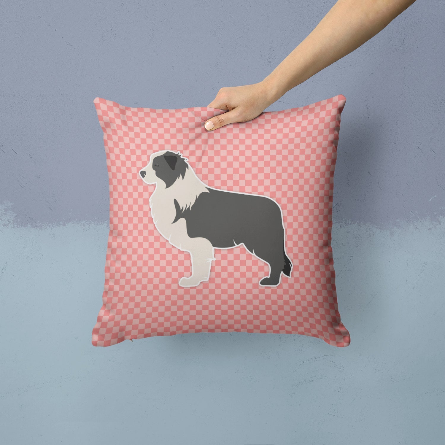 Black Border Collie Checkerboard Pink Decorative Throw Pillow 14x14 Indoor Outdoor Accent Cushion, Fabric Cover with Insert for Sofa, Bed, Porch & Living Room