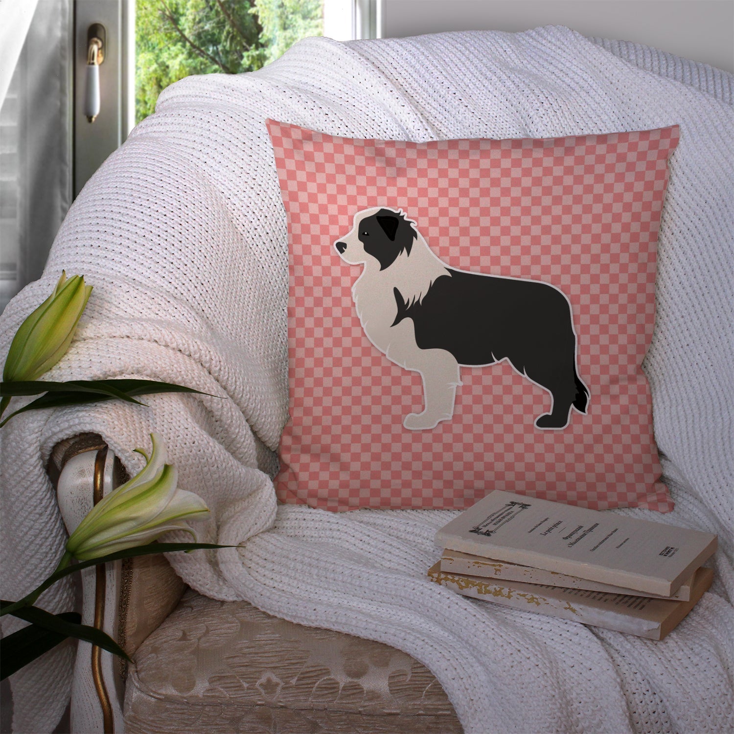 Black Border Collie Checkerboard Pink Decorative Throw Pillow 14x14 Indoor Outdoor Accent Cushion, Fabric Cover with Insert for Sofa, Bed, Porch & Living Room