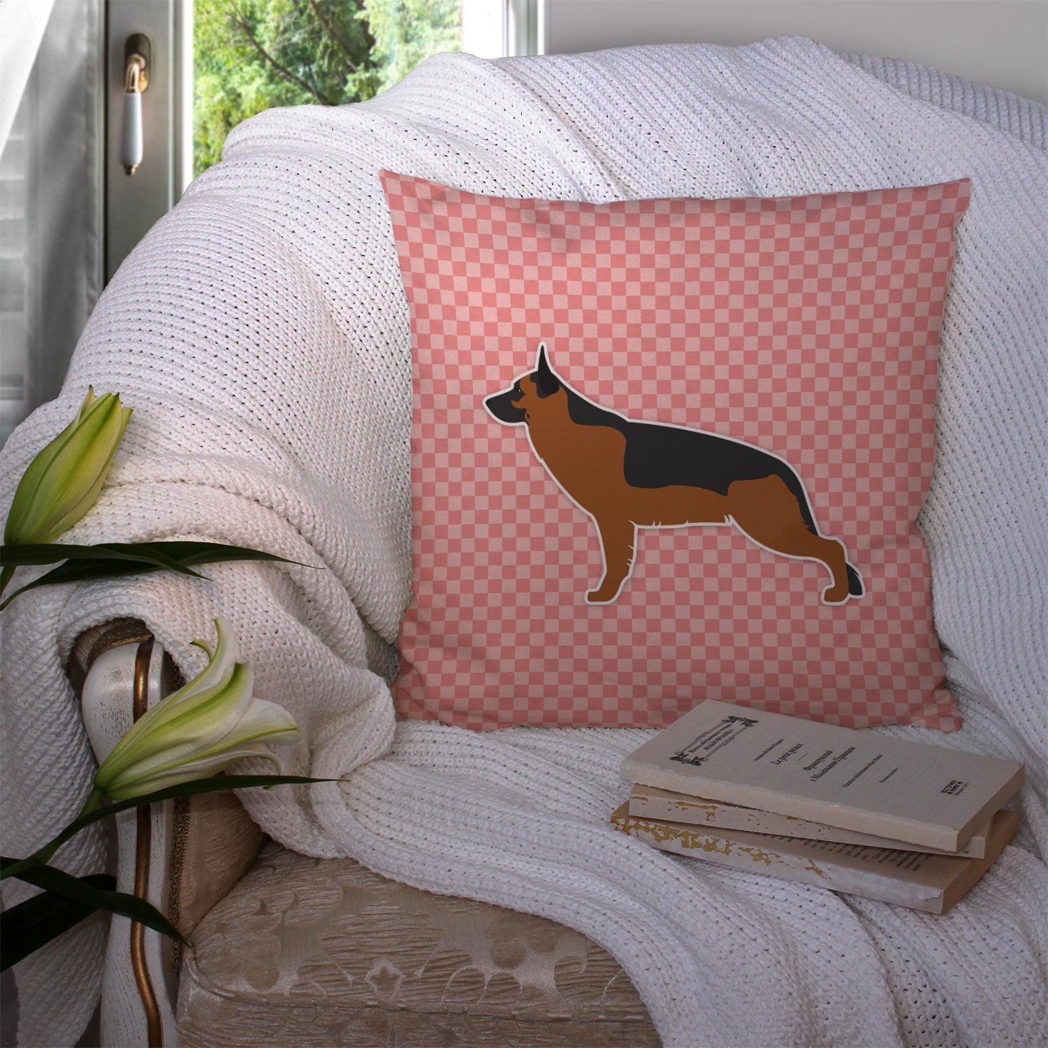 German Shepherd Checkerboard Pink Decorative Throw Pillow 14x14 Indoor Outdoor Accent Cushion, Fabric Cover with Insert for Sofa, Bed, Porch & Living Room