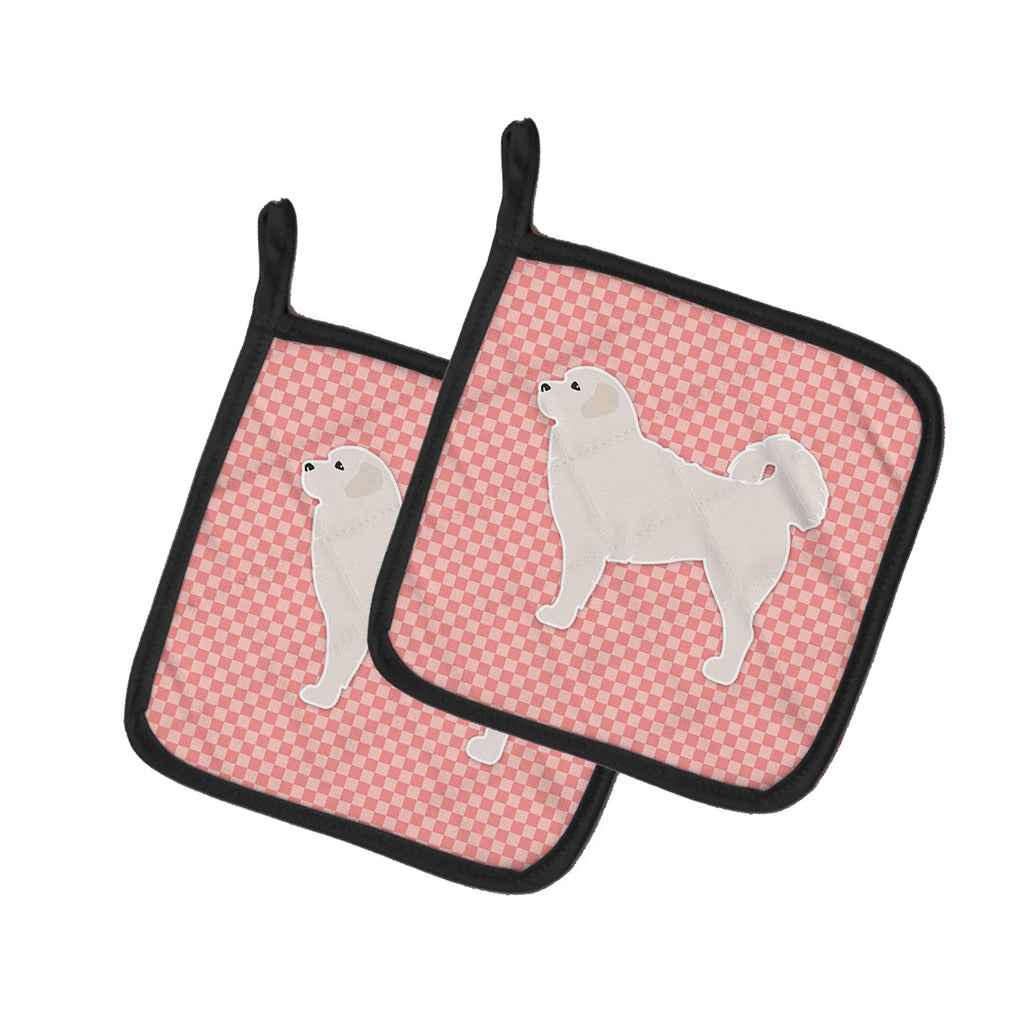 Polish Tatra Sheepdog Checkerboard Pink Pot Holder Set of 2 Heat Resistant Quilted Hot Pads 7.5 x 7.5 Inch, Insulated Kitchen Trivets for Cooking & Baking