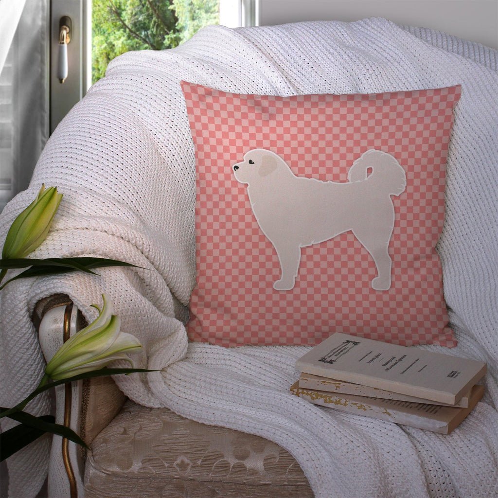 Polish Tatra Sheepdog Checkerboard Pink Decorative Throw Pillow 14x14 Indoor Outdoor Accent Cushion, Fabric Cover with Insert for Sofa, Bed, Porch & Living Room